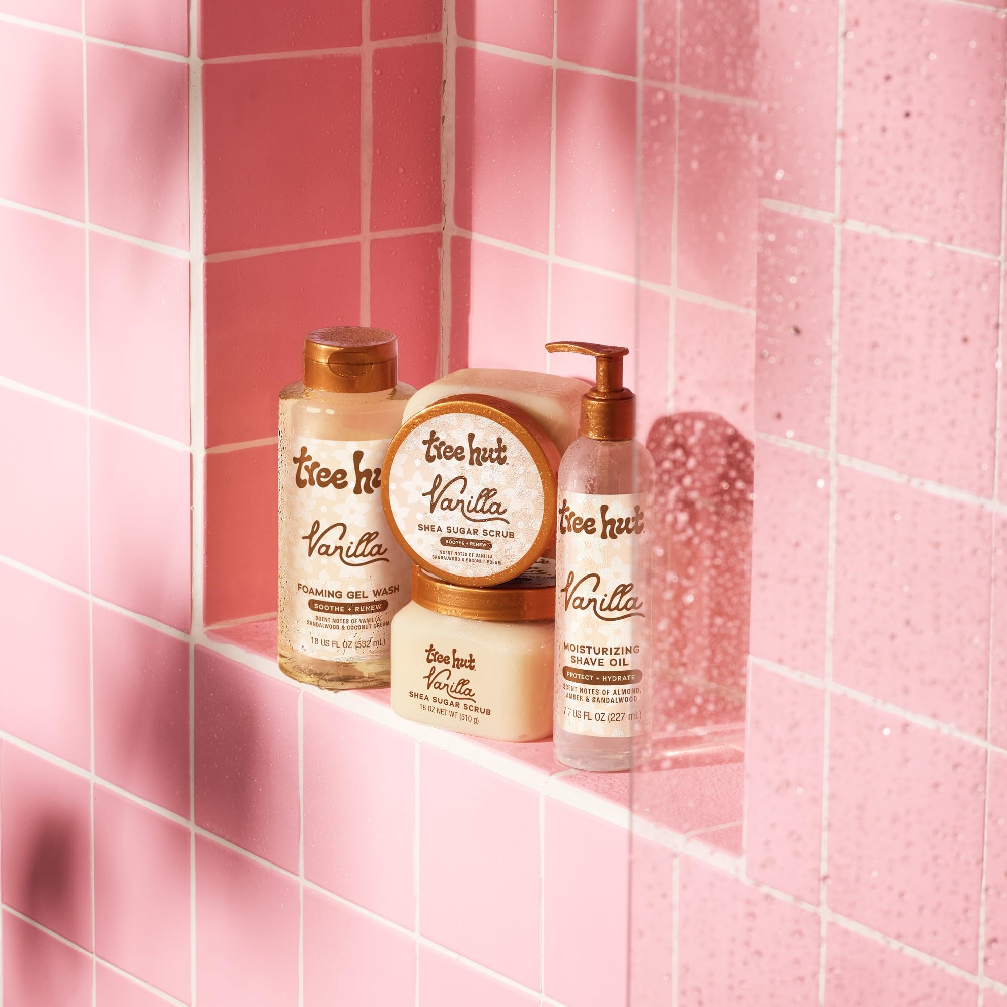 Tree Hut Vanilla Shave Oil offers warm vanilla scent with sandalwood and coconut notes.