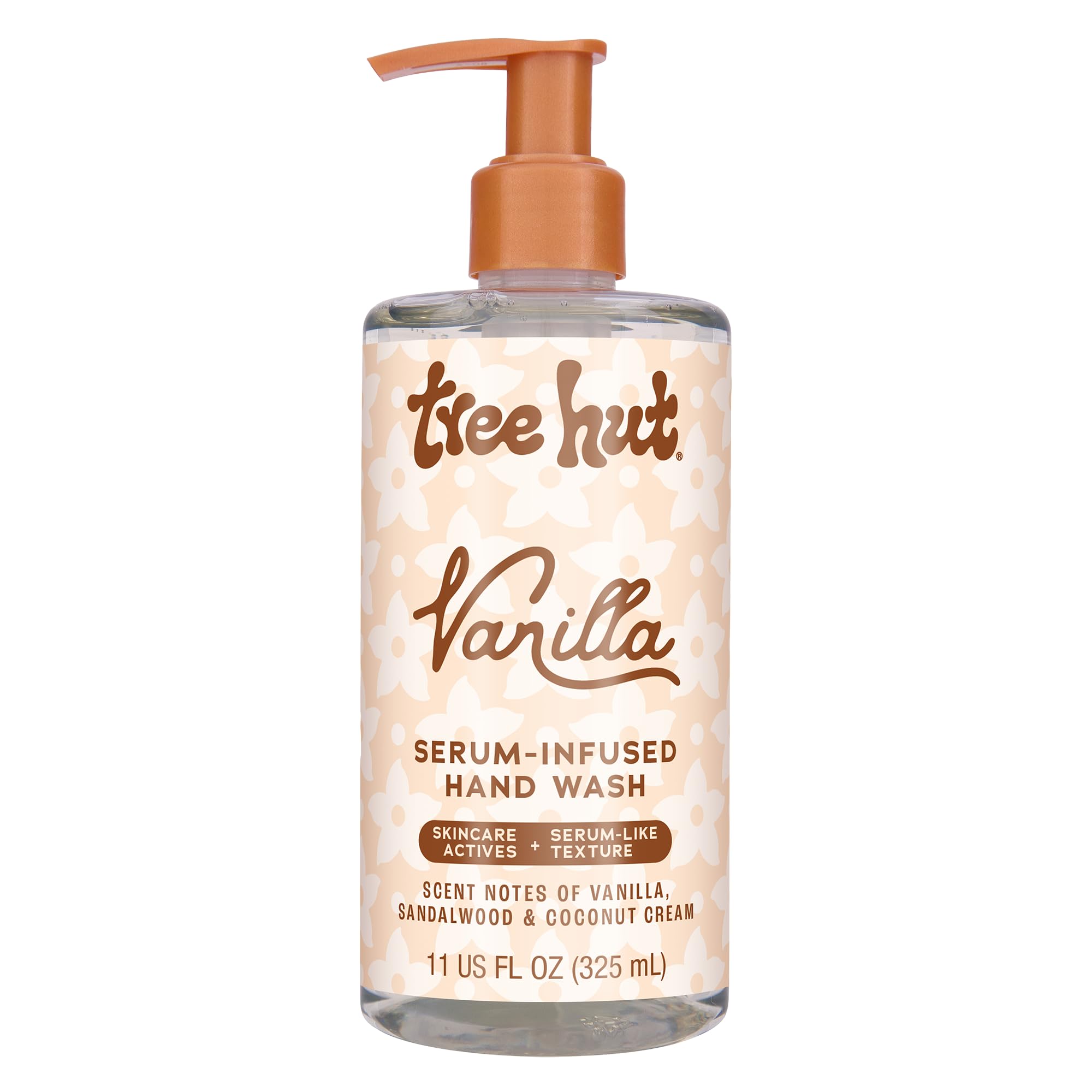 Tree Hut Vanilla Serum Hand Wash bottle on sink with nourishing formula.