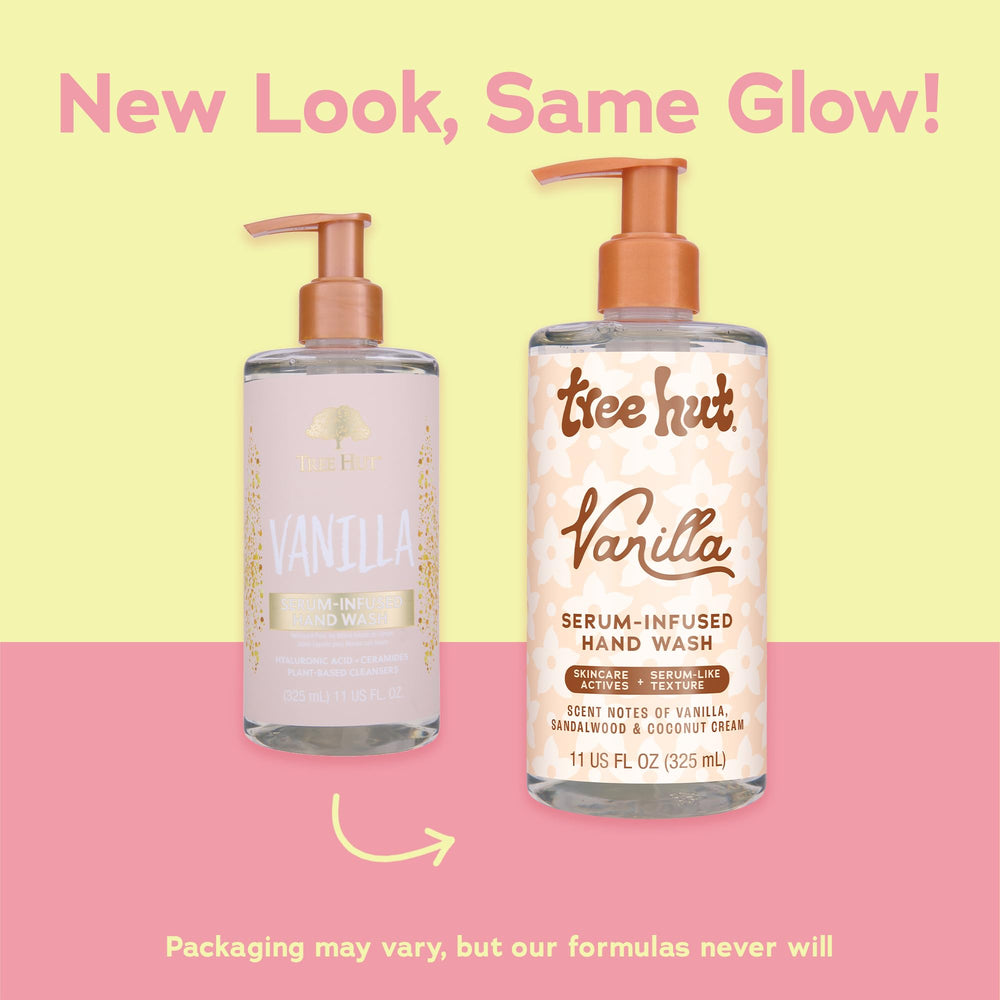 Tree Hut Vanilla Serum Hand Wash pump bottle delivering rich lather.