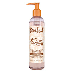 Tree Hut Vanilla Shave Oil bottle closeup, handy for at-home shaving.