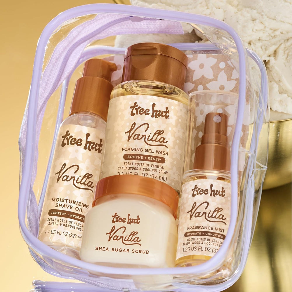 Tree Hut Vanilla travel set close up shows texture and scent notes.