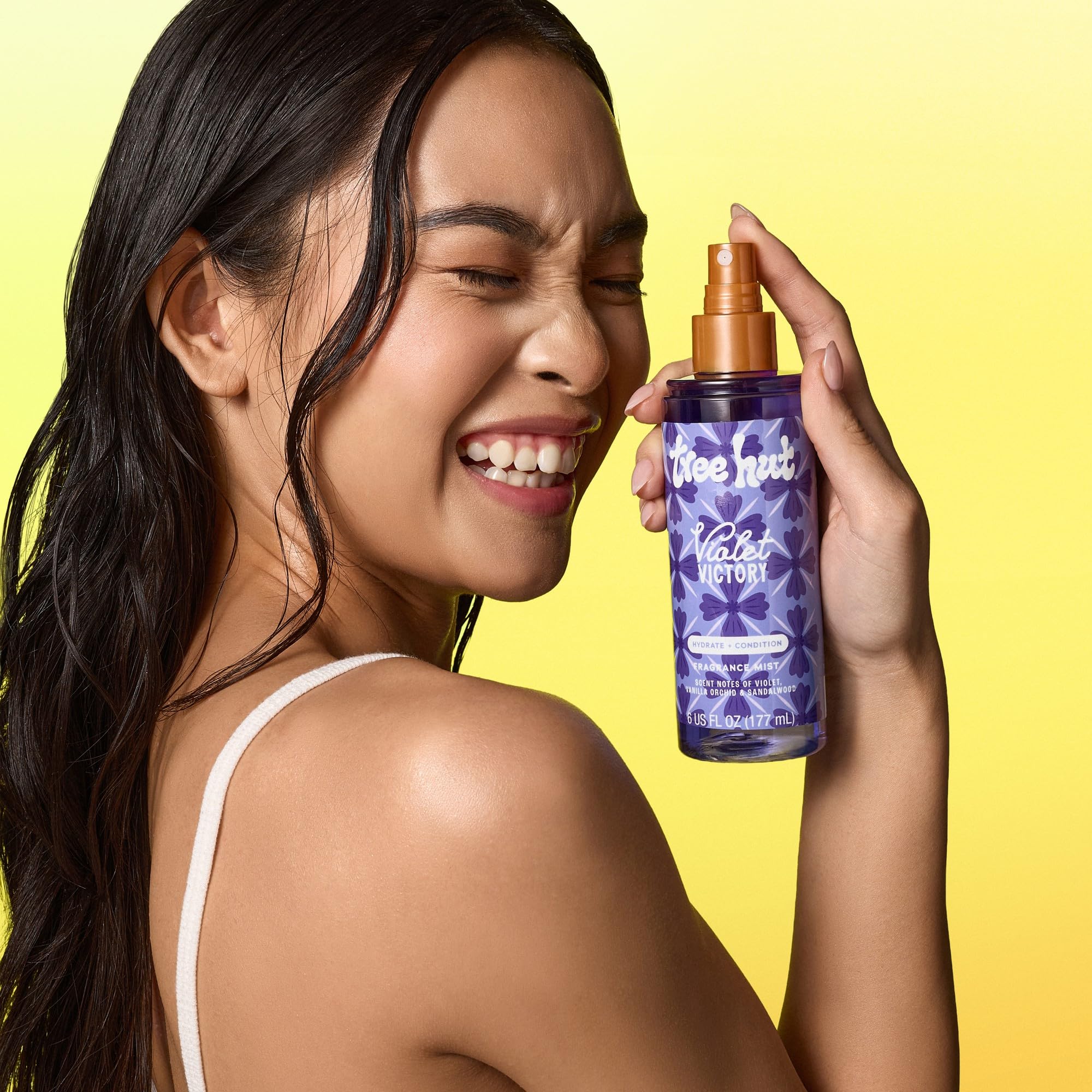 Layering with Tree Hut Violet Victory fragrance mist and lotion creates a cohesive scent.