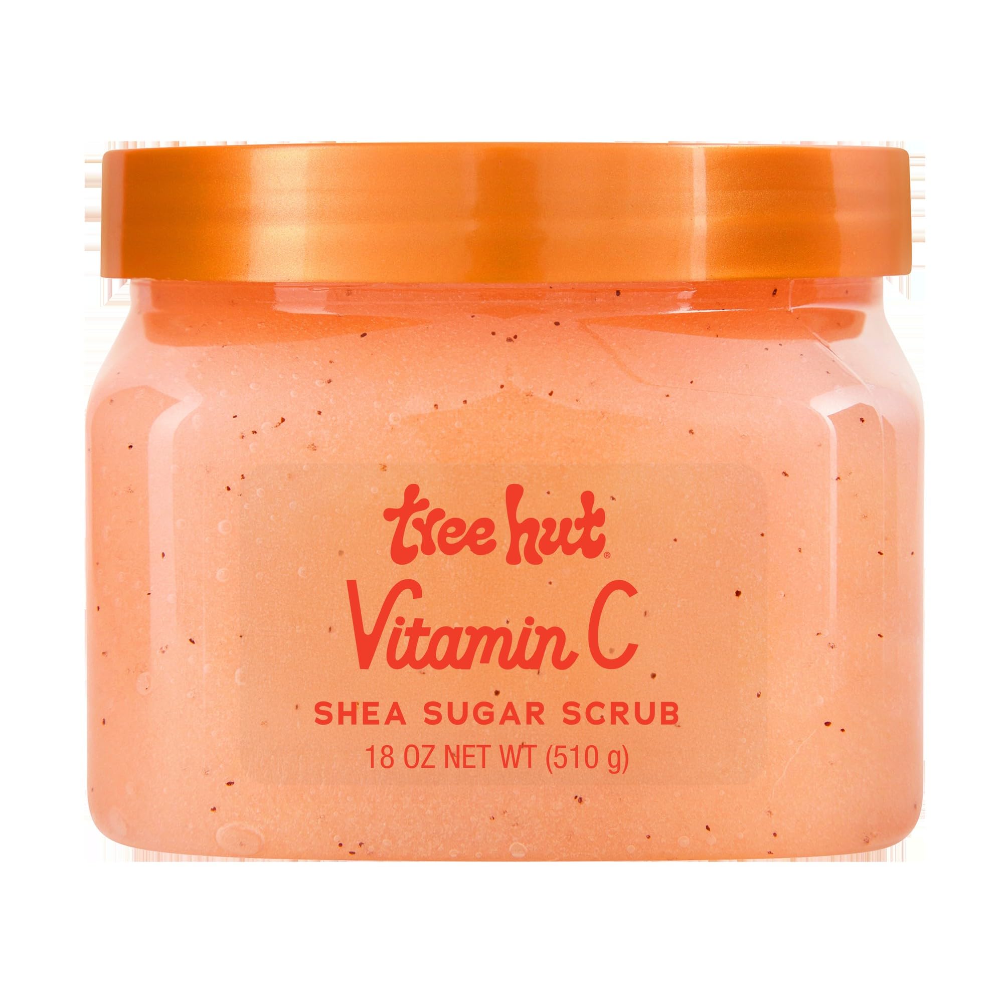 Tree Hut Vitamin C Sugar Scrub jar shows bright citrus scent and 18 oz size.