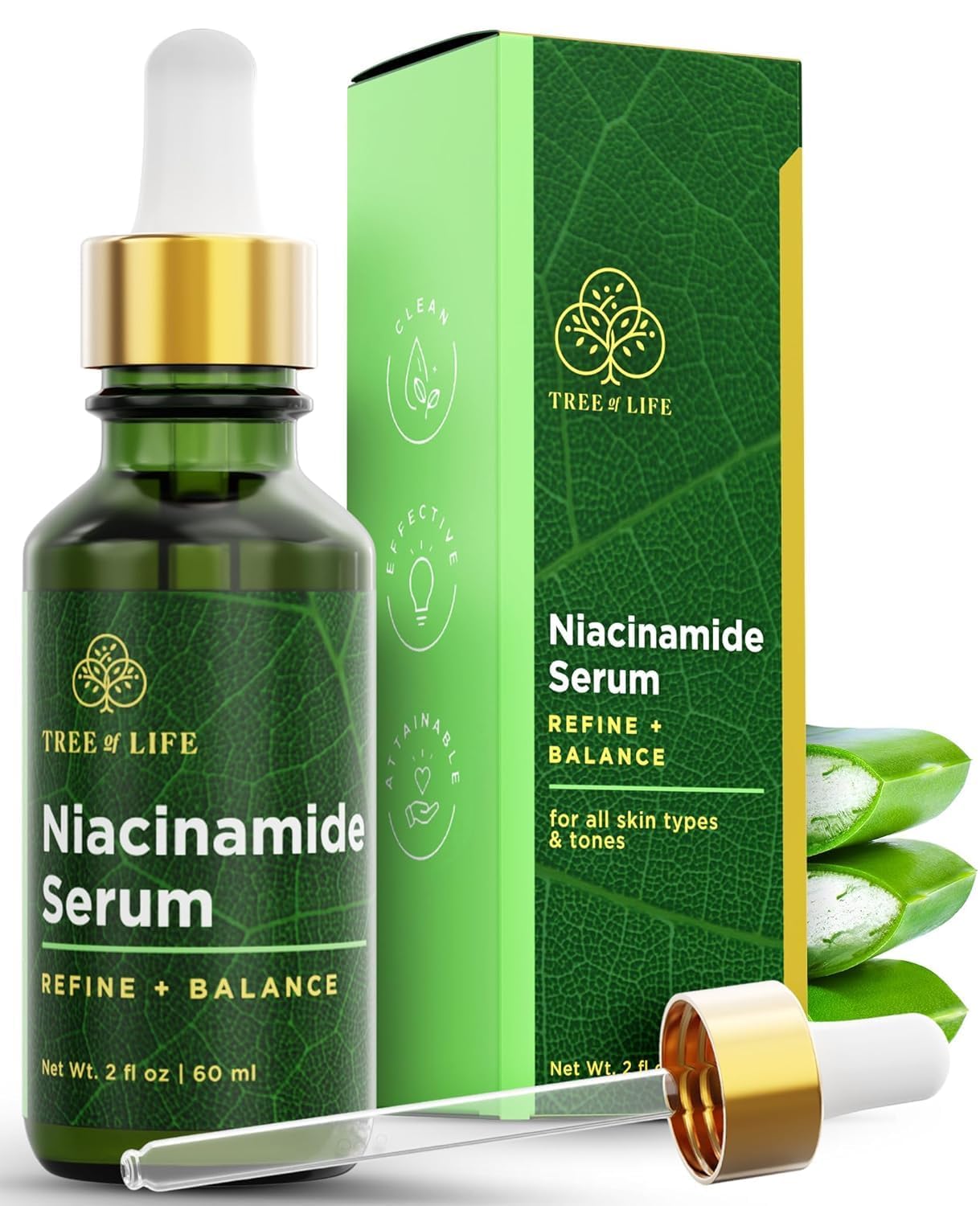 Tree of Life Beauty Niacinamida Serum en botella, hidratación profunda para piel suave.