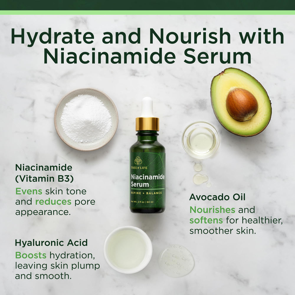 Gota de Niacinamida Serum de Tree of Life Beauty para tonicidad y poros.