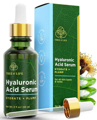 Tree of Life Beauty serúm hialurónico, botella con gotero, hidratación profunda para la piel.