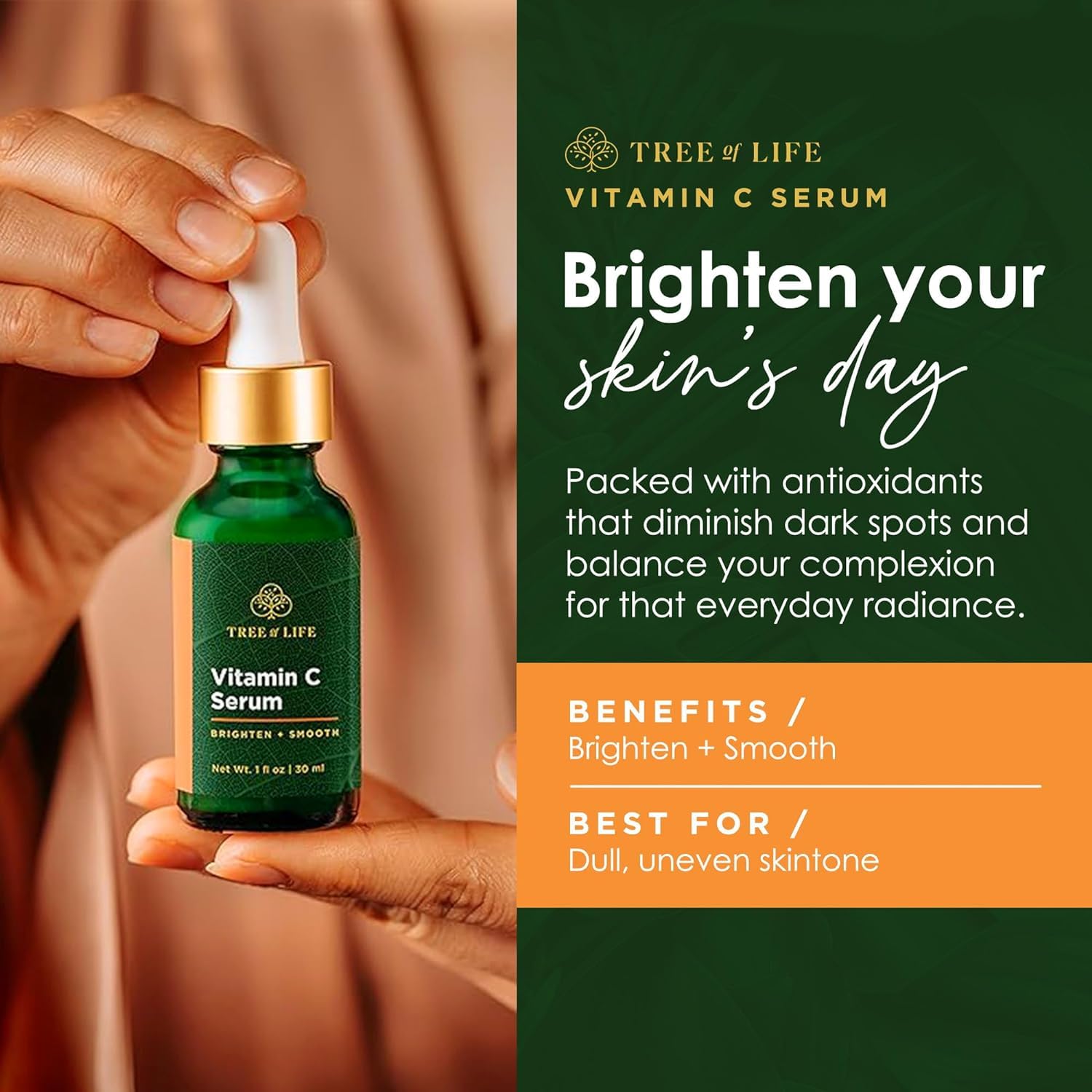 Tree of Life Hyaluronic Acid serum bottle emphasizes deep hydration for dry skin.