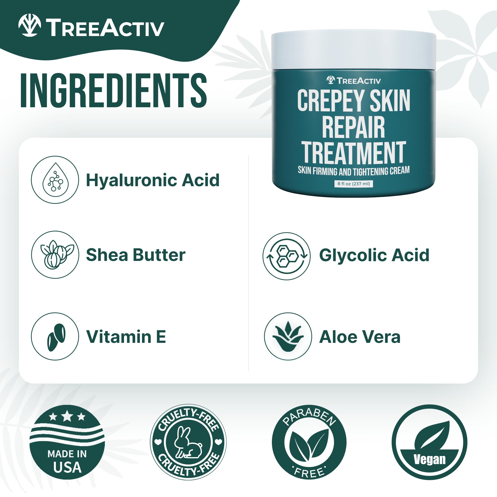 TreeActiv Crepey Skin Repair Cream with hyaluronic acid illustration demonstrating hydration