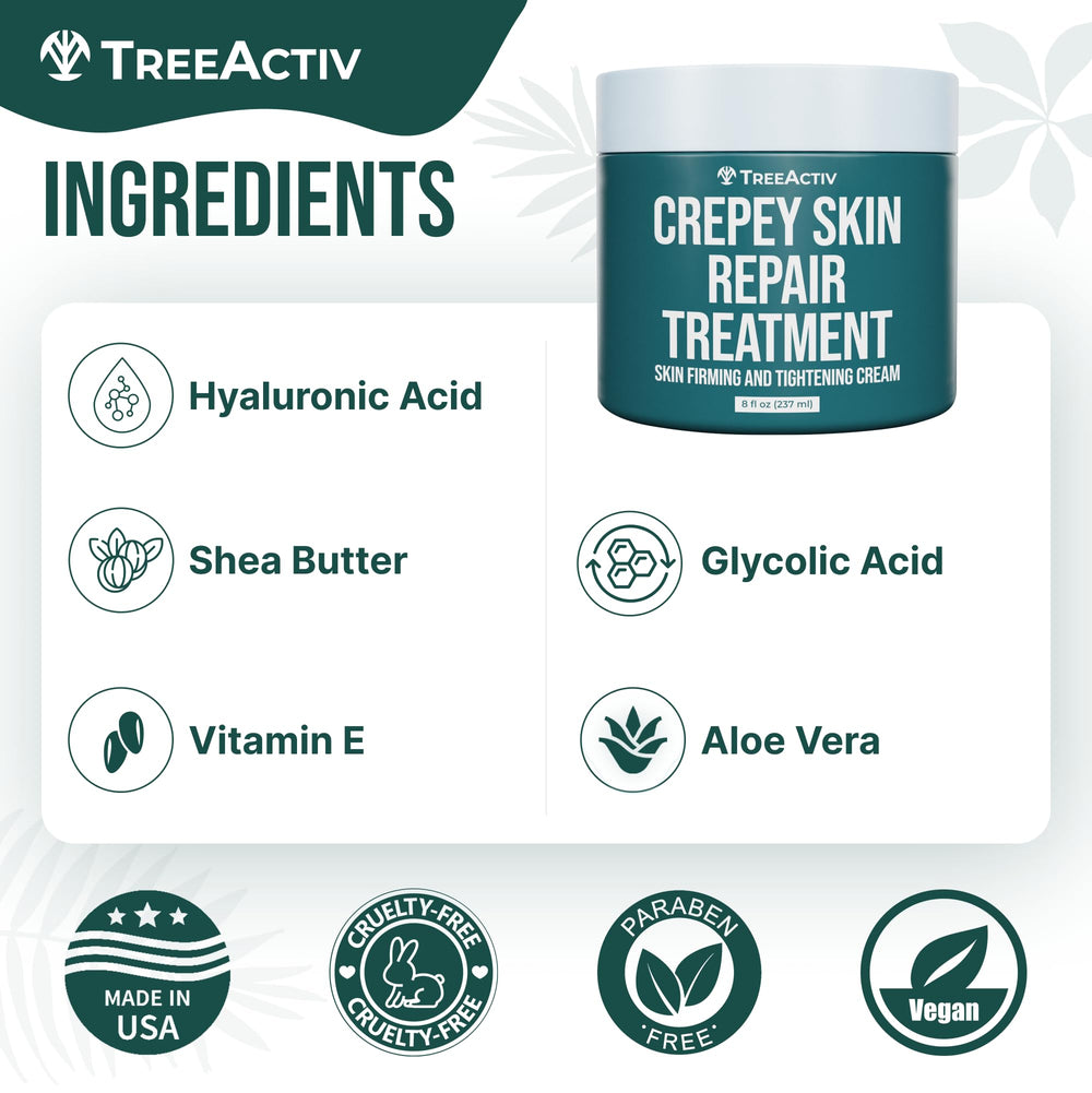 TreeActiv Crepey Skin Repair Cream with hyaluronic acid illustration demonstrating hydration