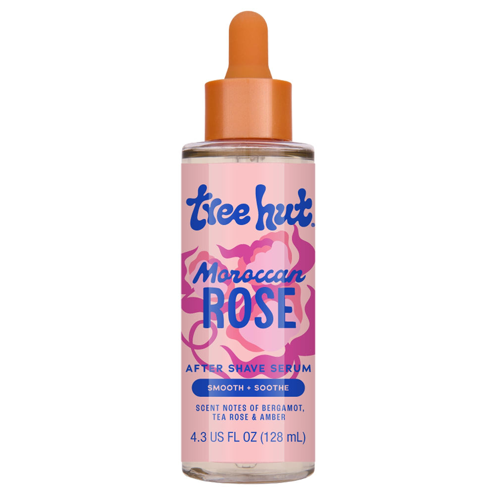 Tree Hut Moroccan Rose serum bottle for post-shave soothing.