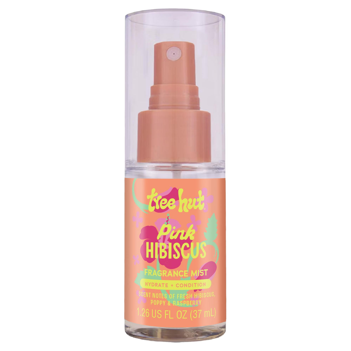 Tree Hut Pink Hibiscus fragrance mist bottle front, refreshing daily scent and lightweight hydration.