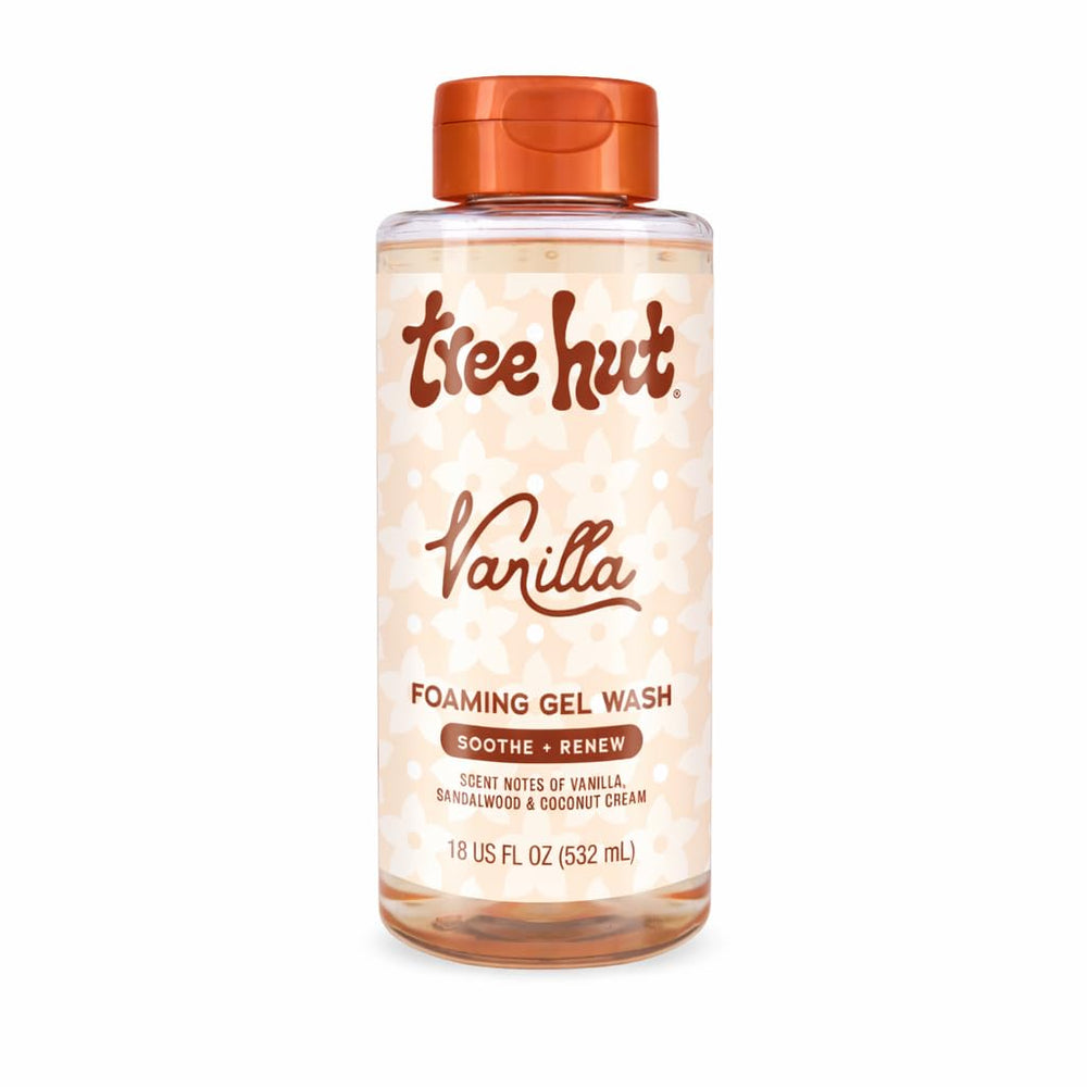 Tree Hut Vanilla Foaming Gel Wash bottle showcasing a hydrating, gentle cleanse.
