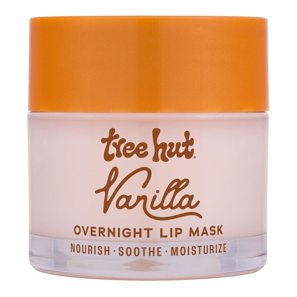 Tree Hut Vanilla Overnight Lip Mask jar shown for overnight hydration.