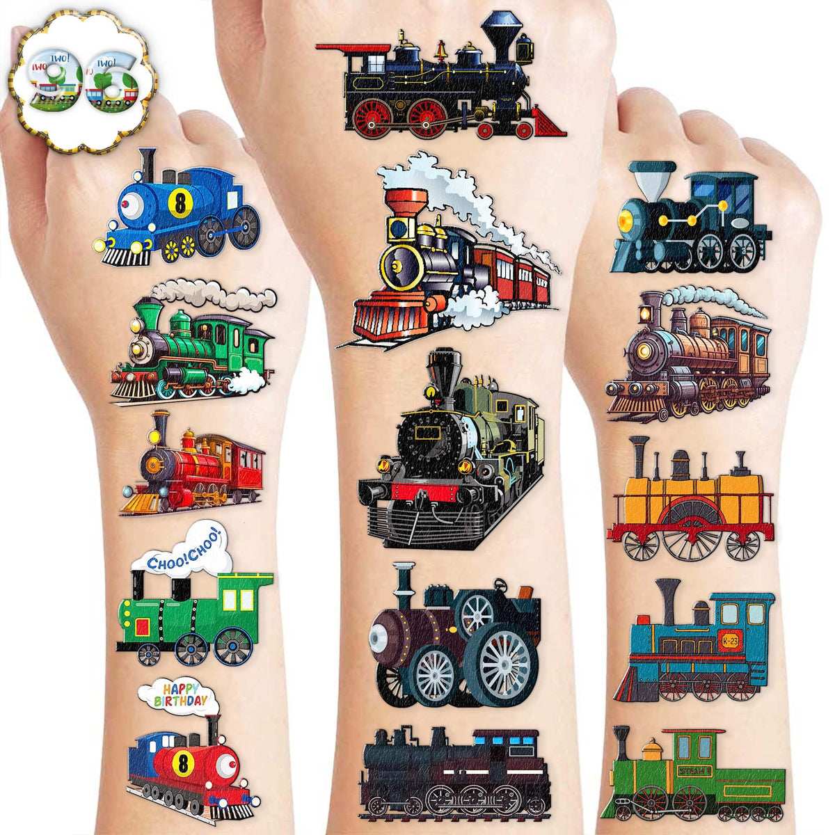 Tatuajes temporales de tren, 8 hojas, diseños clásicos, ideales para fiestas temáticas.