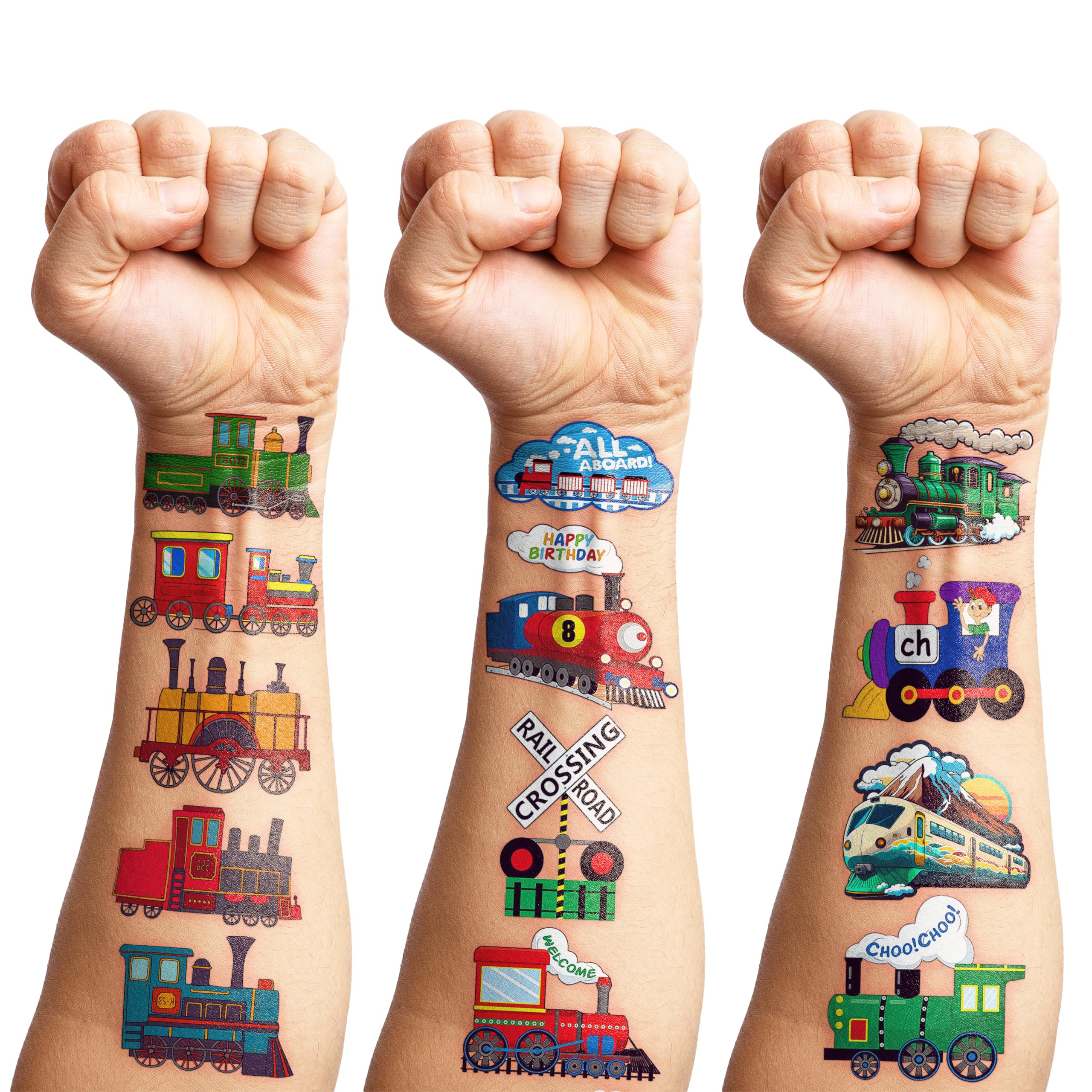Tatuajes temporales de tren con diseños diversos para aventuras temáticas.