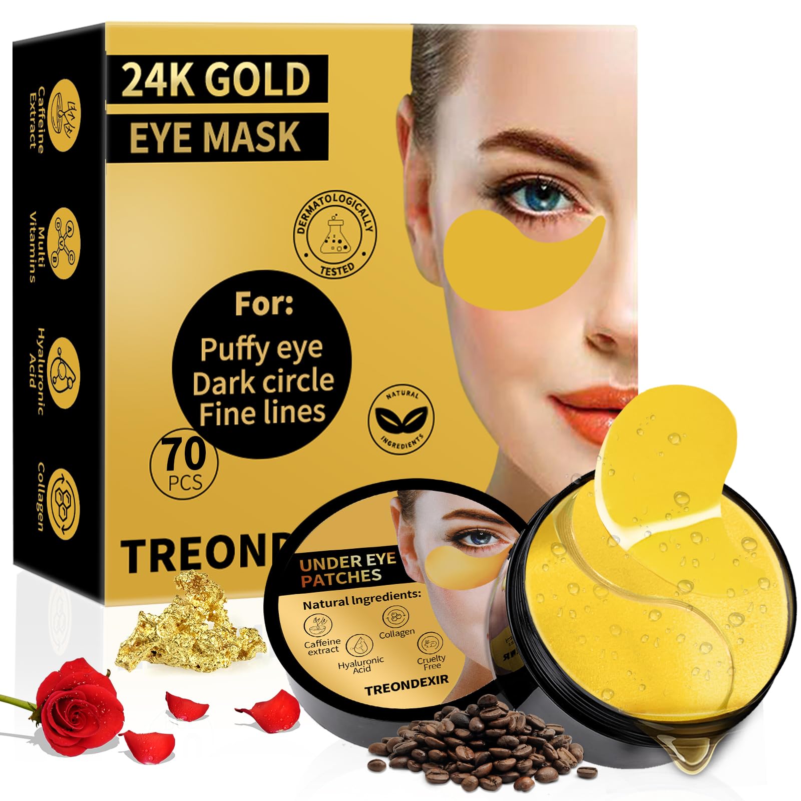 Treondexir parches ojos dorados 24K, mejora la apariencia de la mirada.