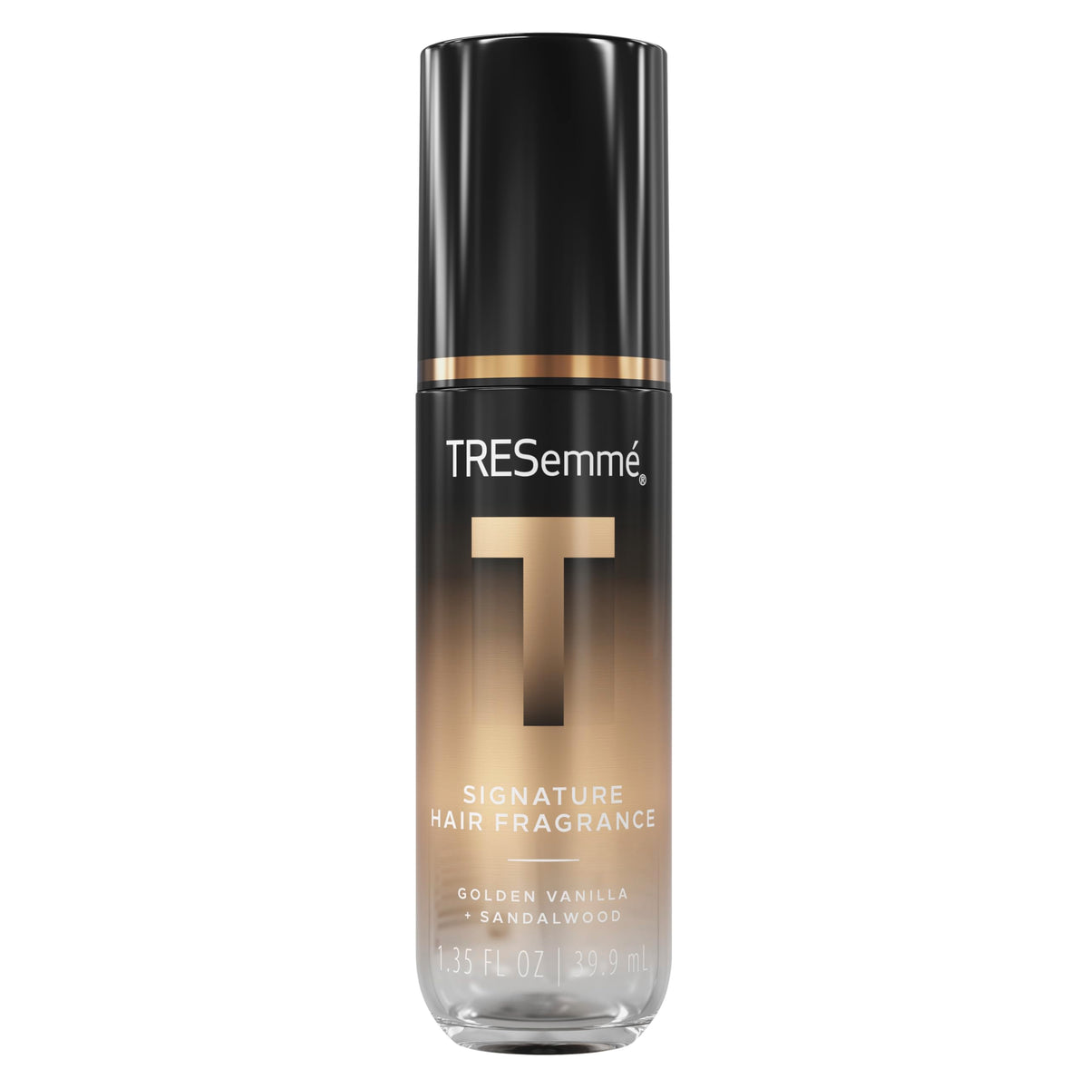 TRESemmé A-List Signature Hair Fragrance bottle shows Golden Vanilla + Sandalwood notes for all-day scent.