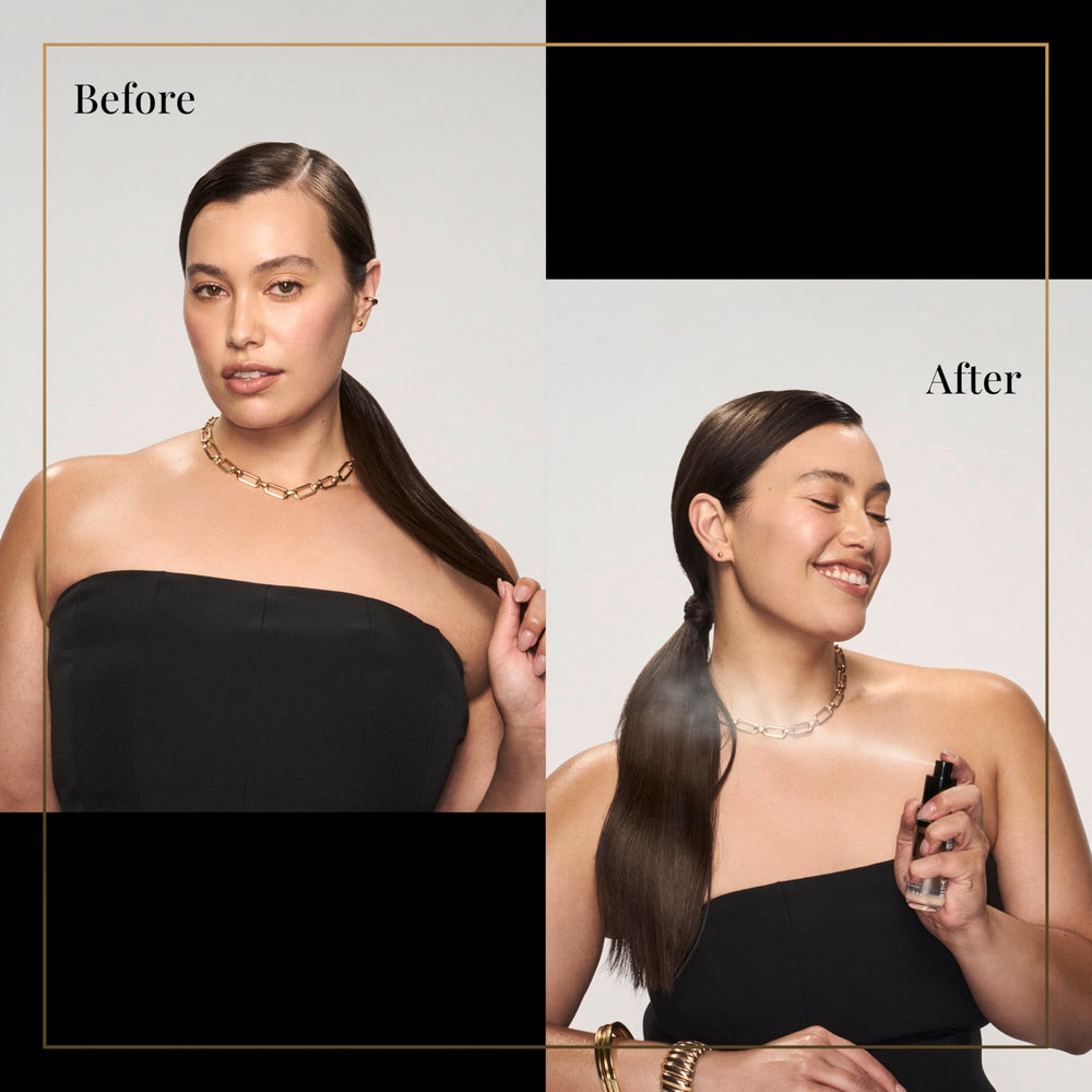 Close-up of applying fragrance to dry hair for a fresh look.