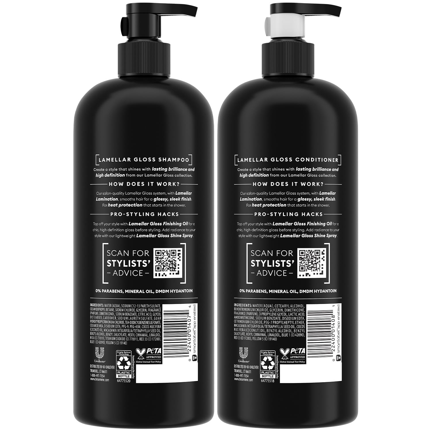 TRESemmé Acondicionador Lamellar Gloss, botella elegante para cabello suave y manejable.