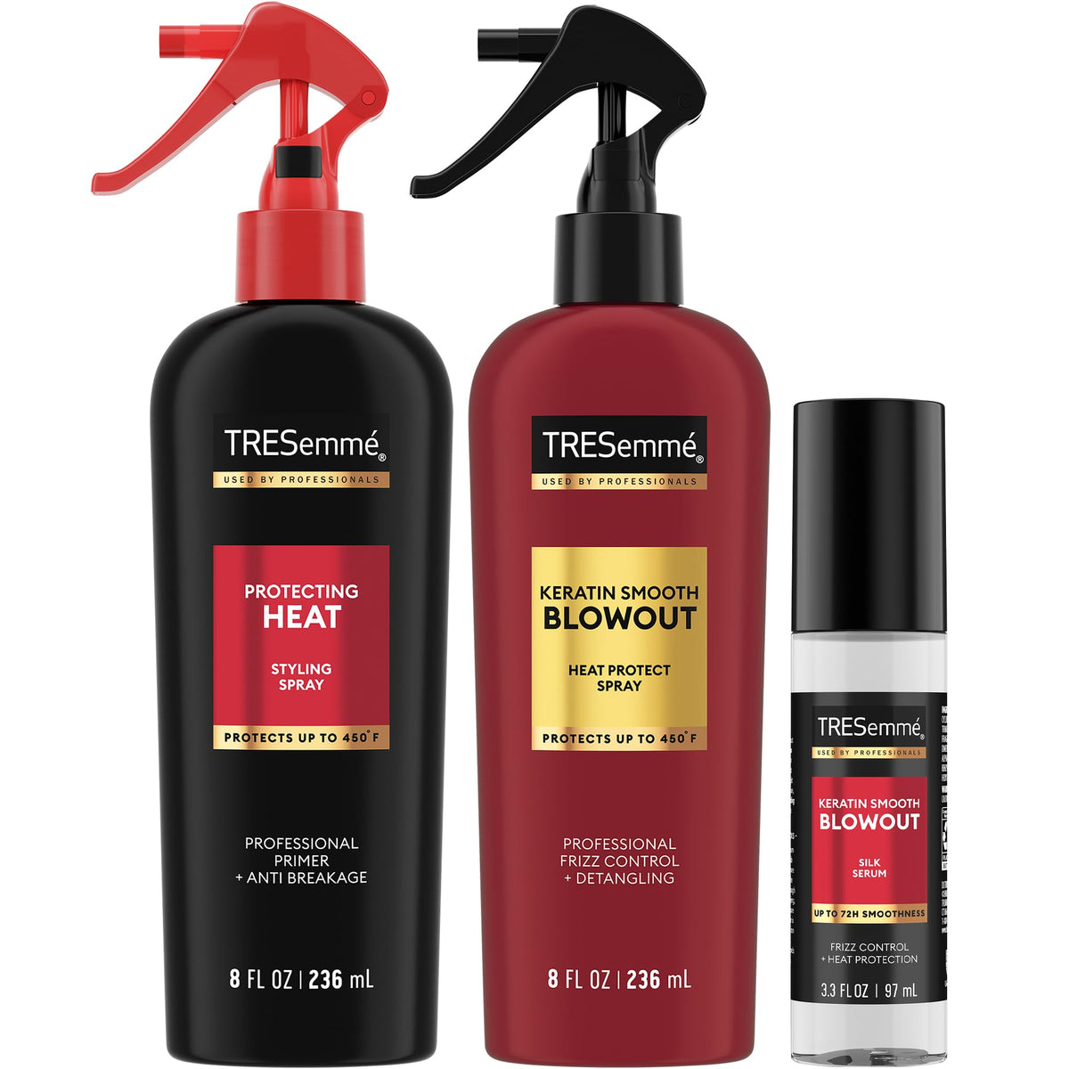 TRESemmé Keratin Smooth Blowout Spray bottle for detangle and frizz control.