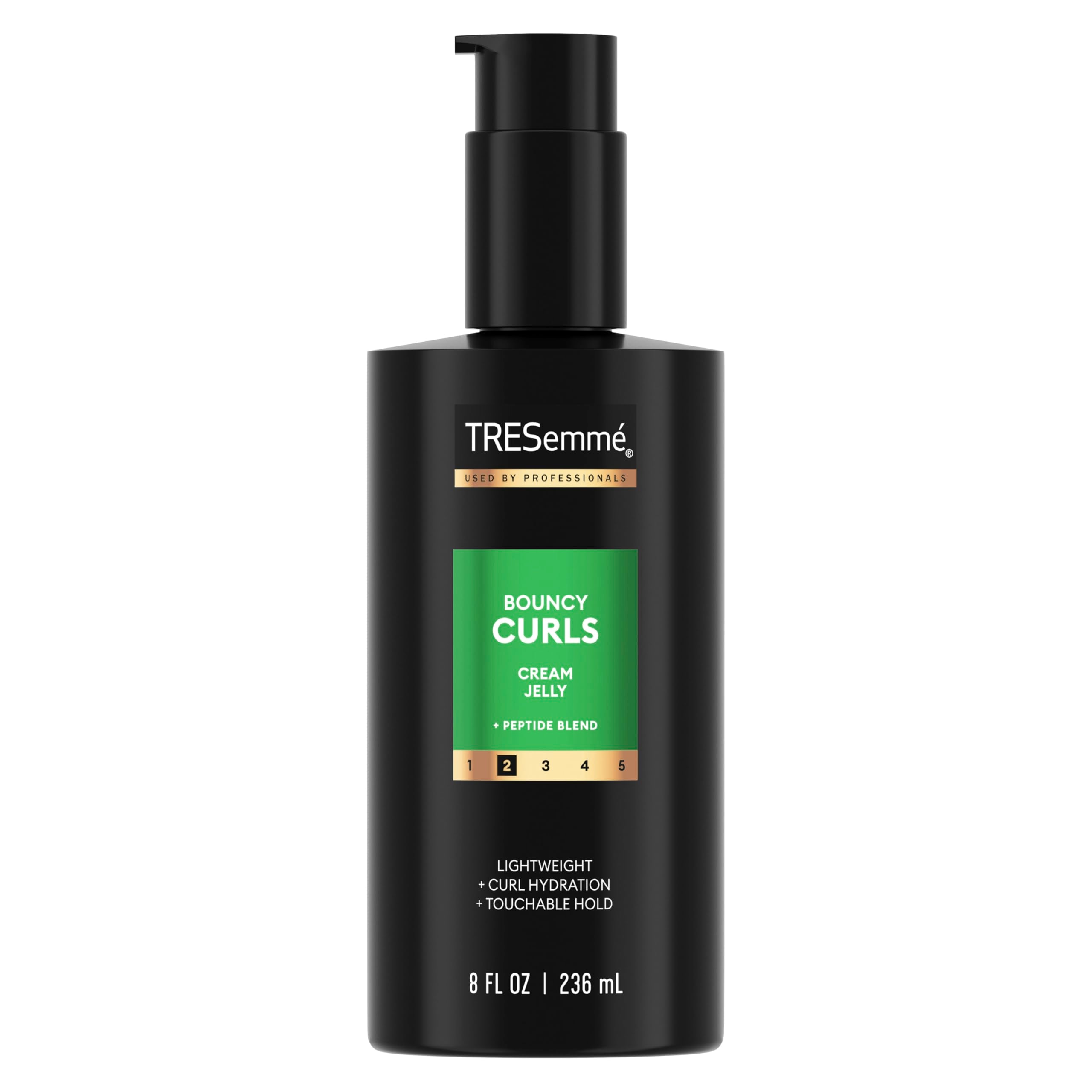 TRESemmé Bouncy Curls crema jelly, botella, definición suave y hidratación duradera.