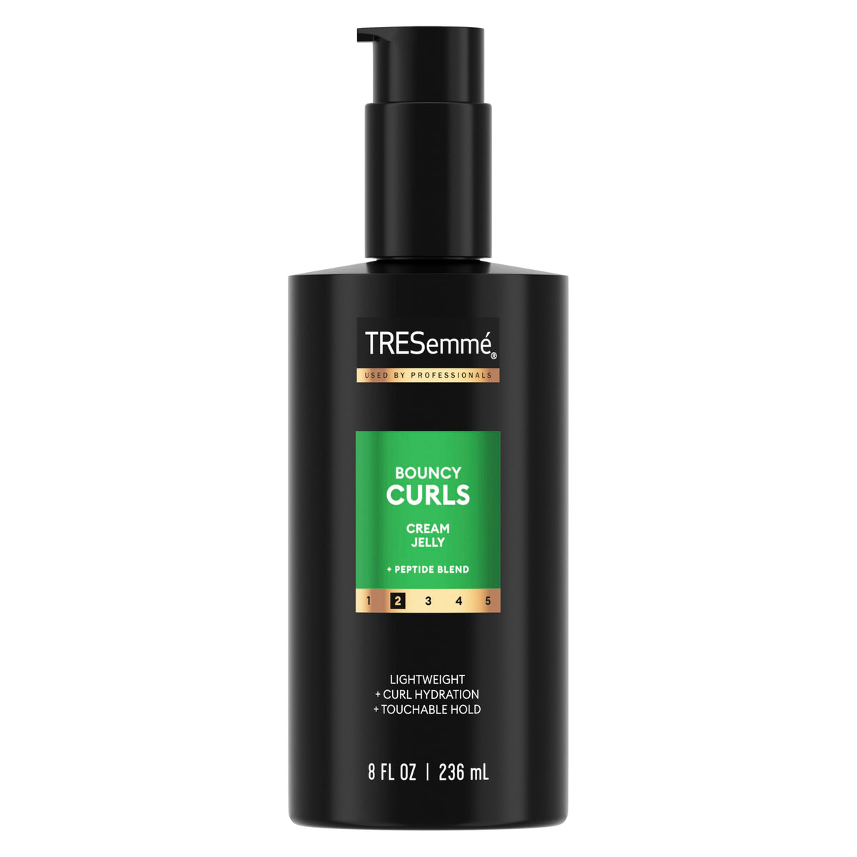 TRESemmé Bouncy Curls crema jelly, botella, definición suave y hidratación duradera.
