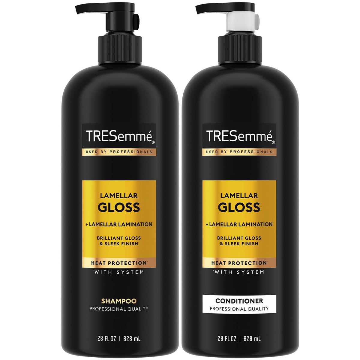 TRESemmé Champú Lamellar Gloss, botella brillante para un brillo suave y duradero.