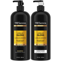 TRESemmé Champú Lamellar Gloss, botella brillante para un brillo suave y duradero.