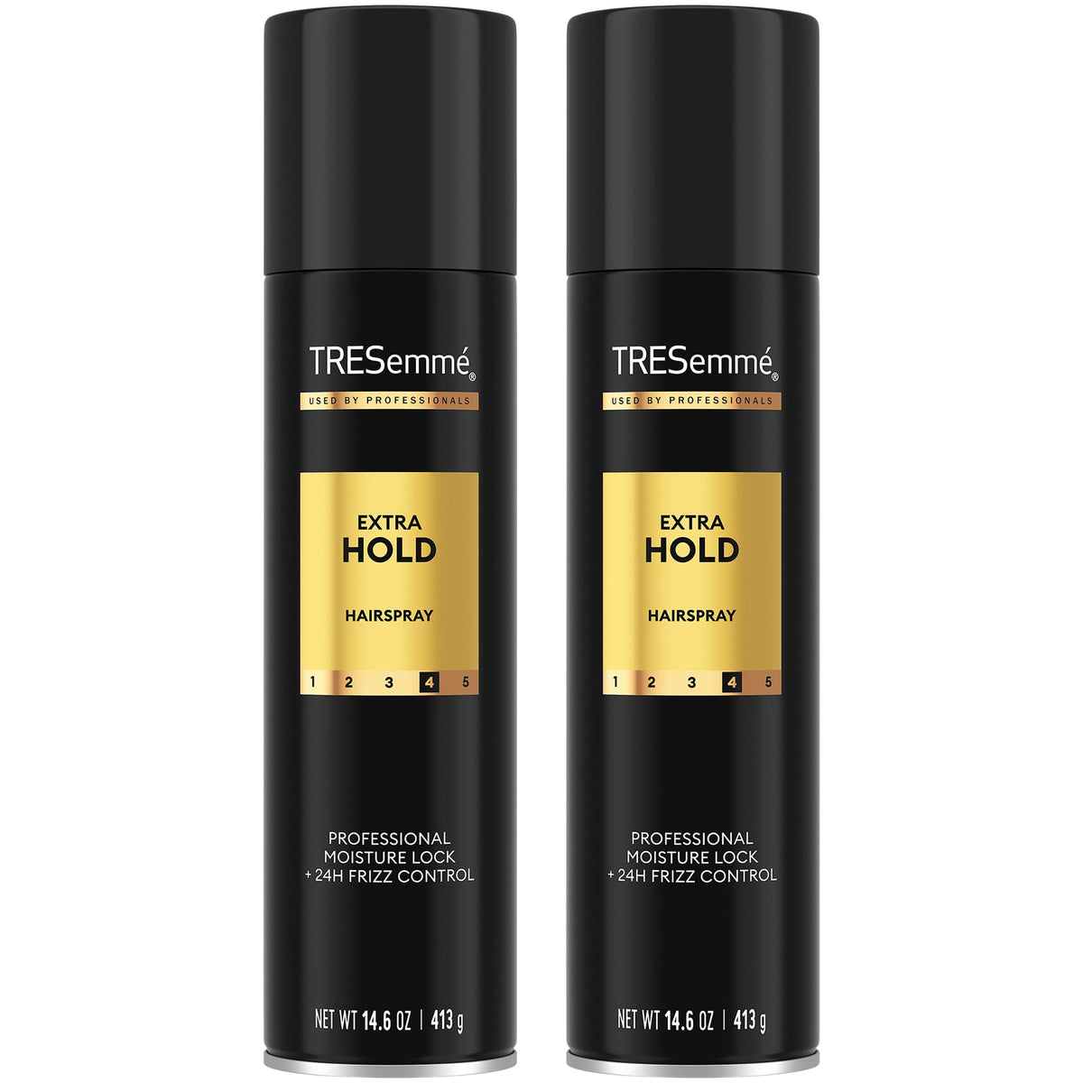 TRESemmé Extra Hold Hairspray 2-pack bottle close-up shows sturdy hold.