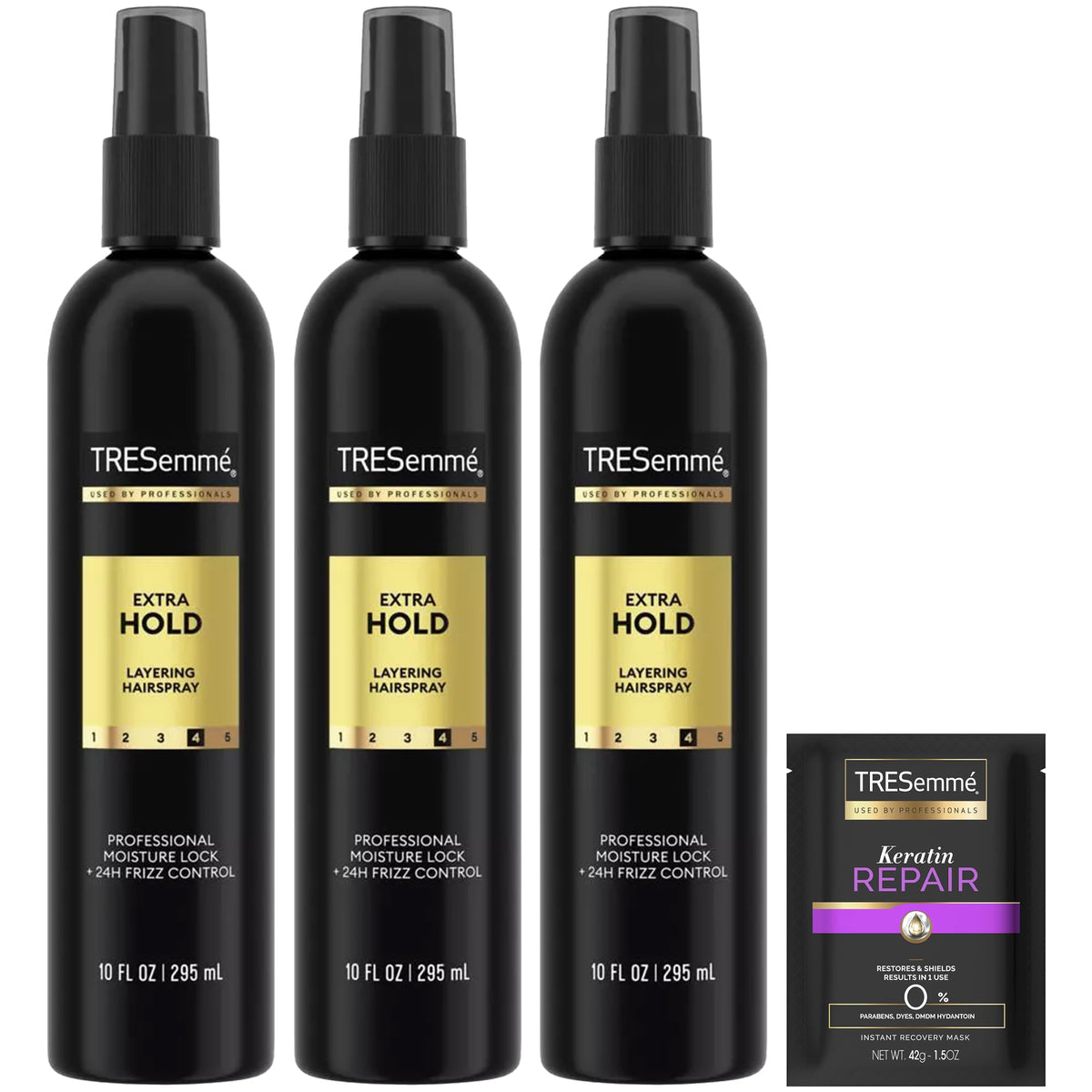 Tresemmé Extra Hold Hairspray bottle delivering long-lasting hold with a soft finish.