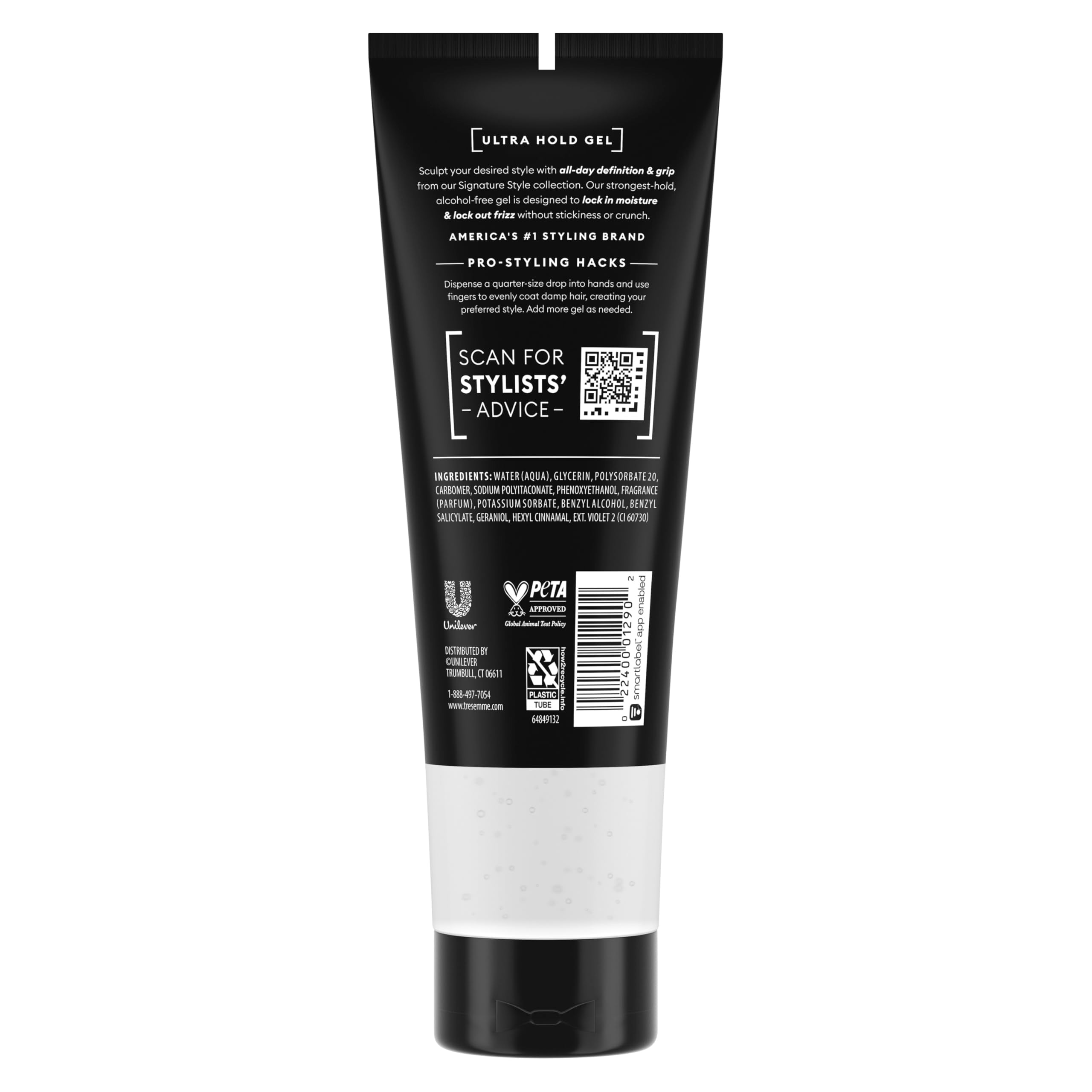 TRESemmé Gel Ultra Hold applied to damp hair for lasting definition.