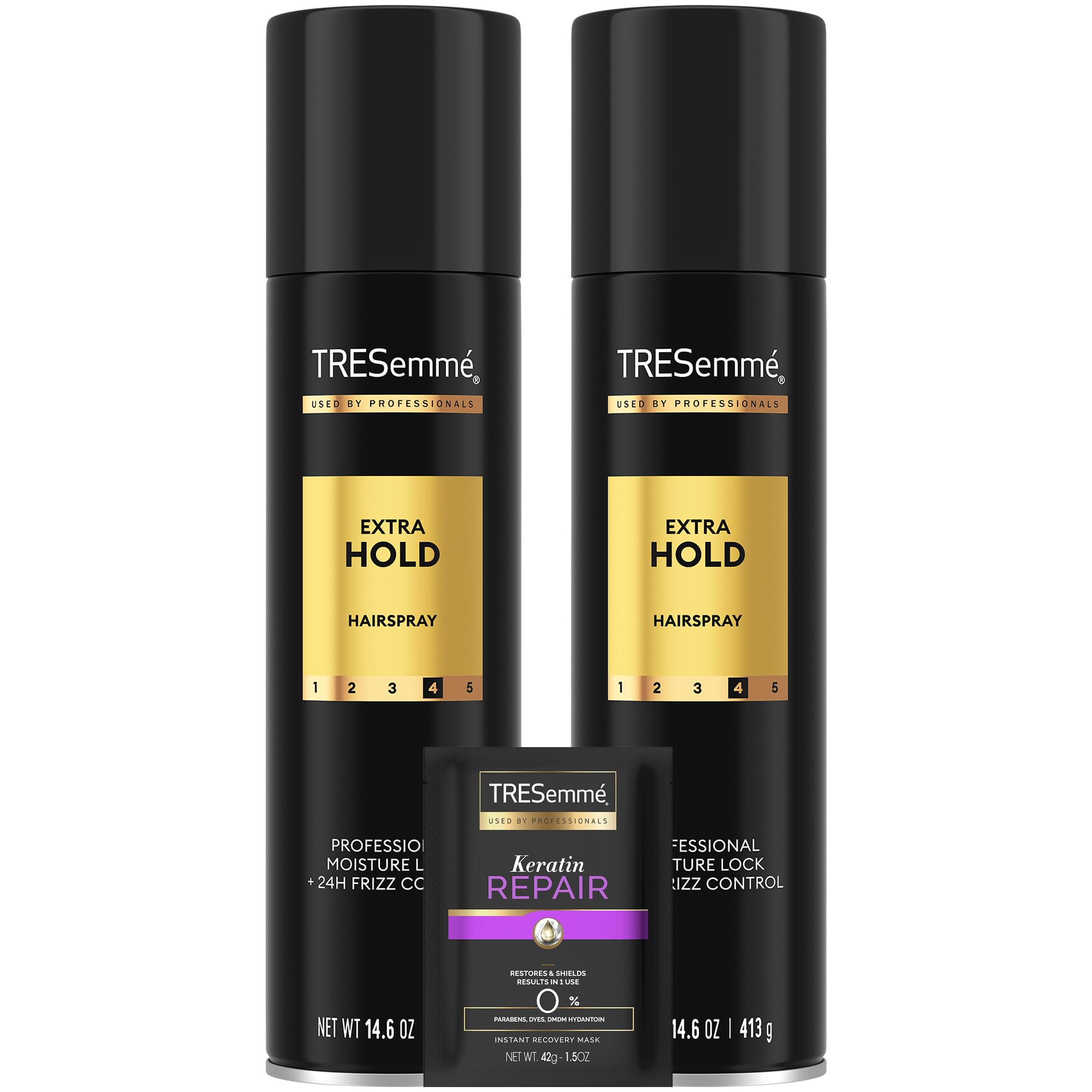 TRESemmé Extra Hold Hairspray bottle for all-day frizz control.