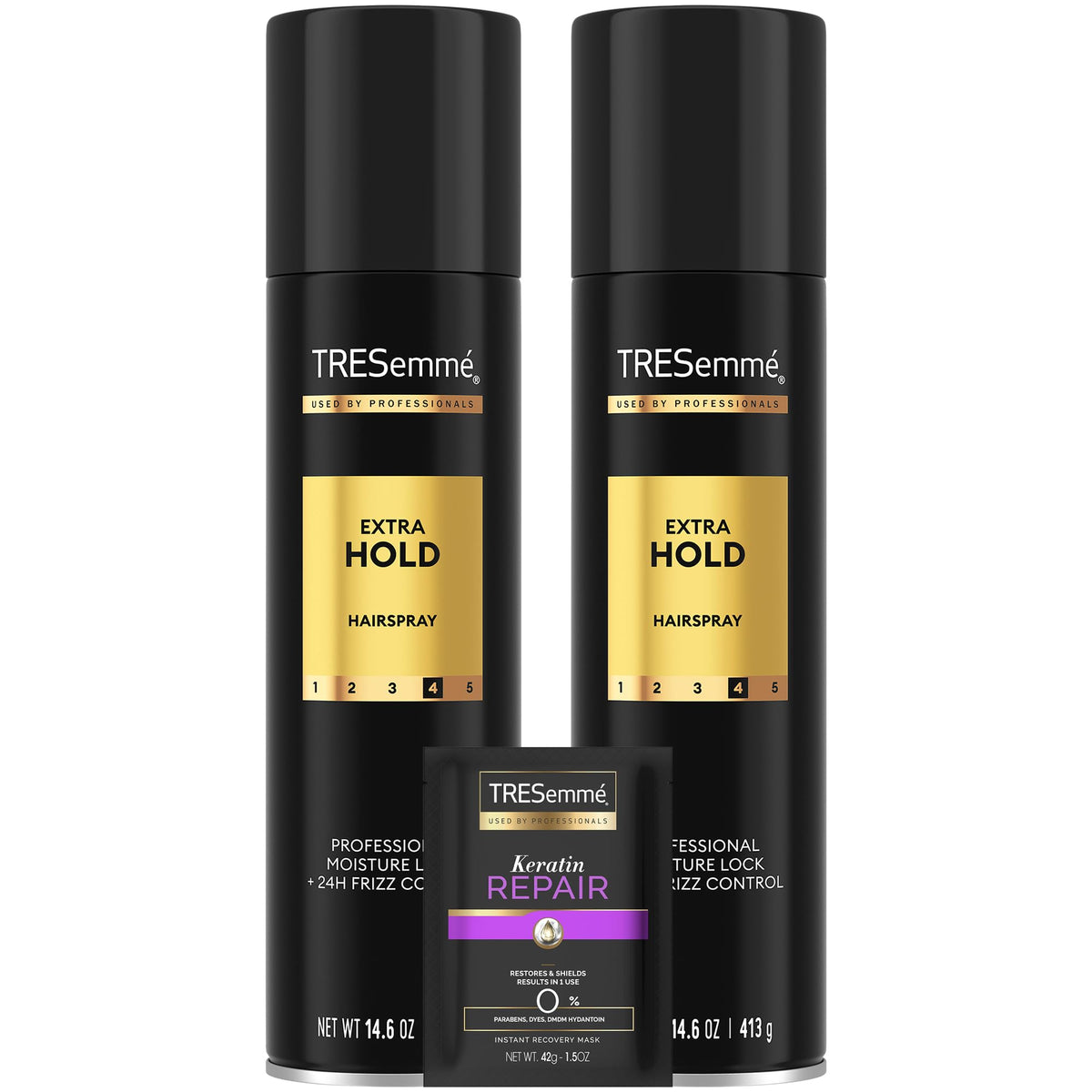 TRESemmé Extra Hold Hairspray bottle for all-day frizz control.