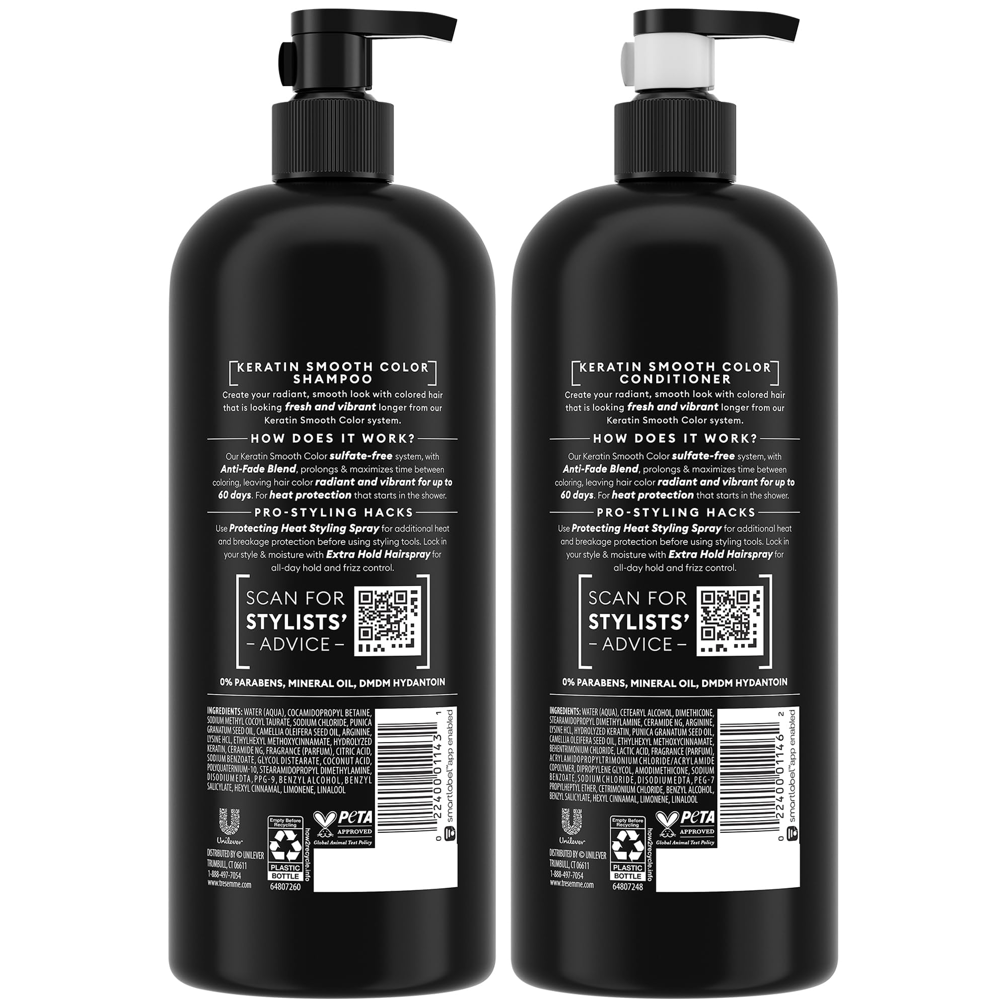 TRESemmé Keratin Smooth Color acondicionador, tubo visible, desenreda y suaviza el cabello.