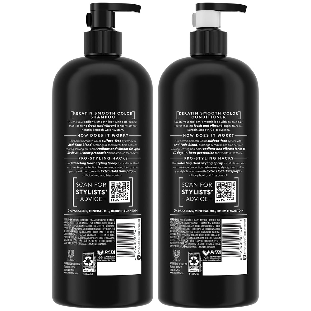 TRESemmé Keratin Smooth Color acondicionador, tubo visible, desenreda y suaviza el cabello.
