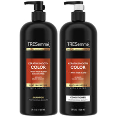 TRESemmé Keratin Smooth Color champú, botella visible, suavidad y brillo para cabello teñido.