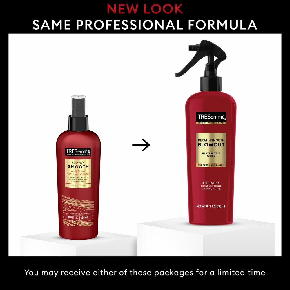 TRESemmé Keratin Smooth Heat Protection bottle close-up delivering shine and smoothness.