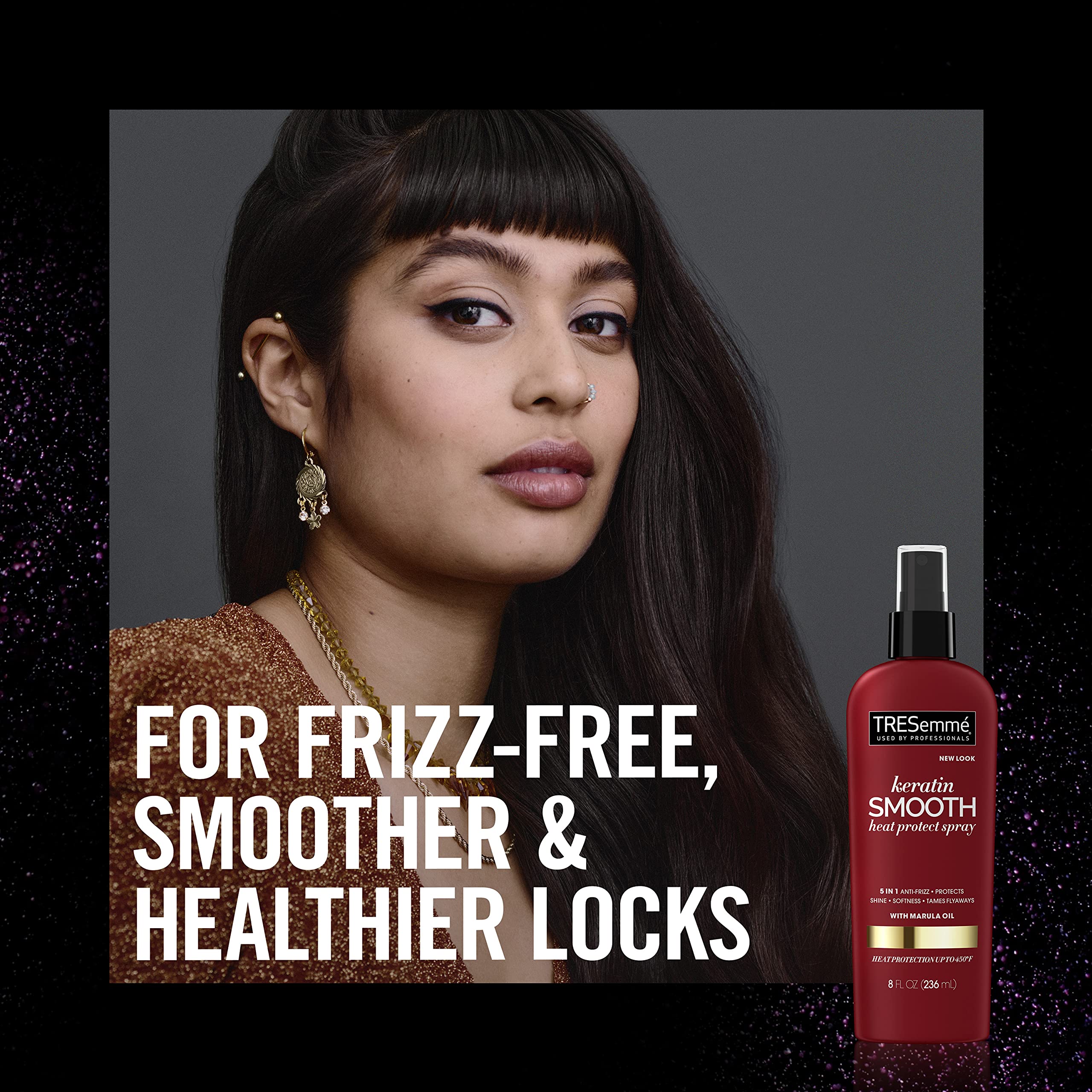 TRESemmé Keratin Smooth Heat Protection used with a flat iron for high-heat protection.