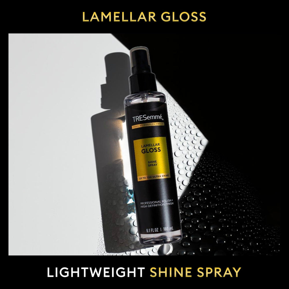 TRESemmé Lamellar Gloss Shine Spray used on wet hair before styling.