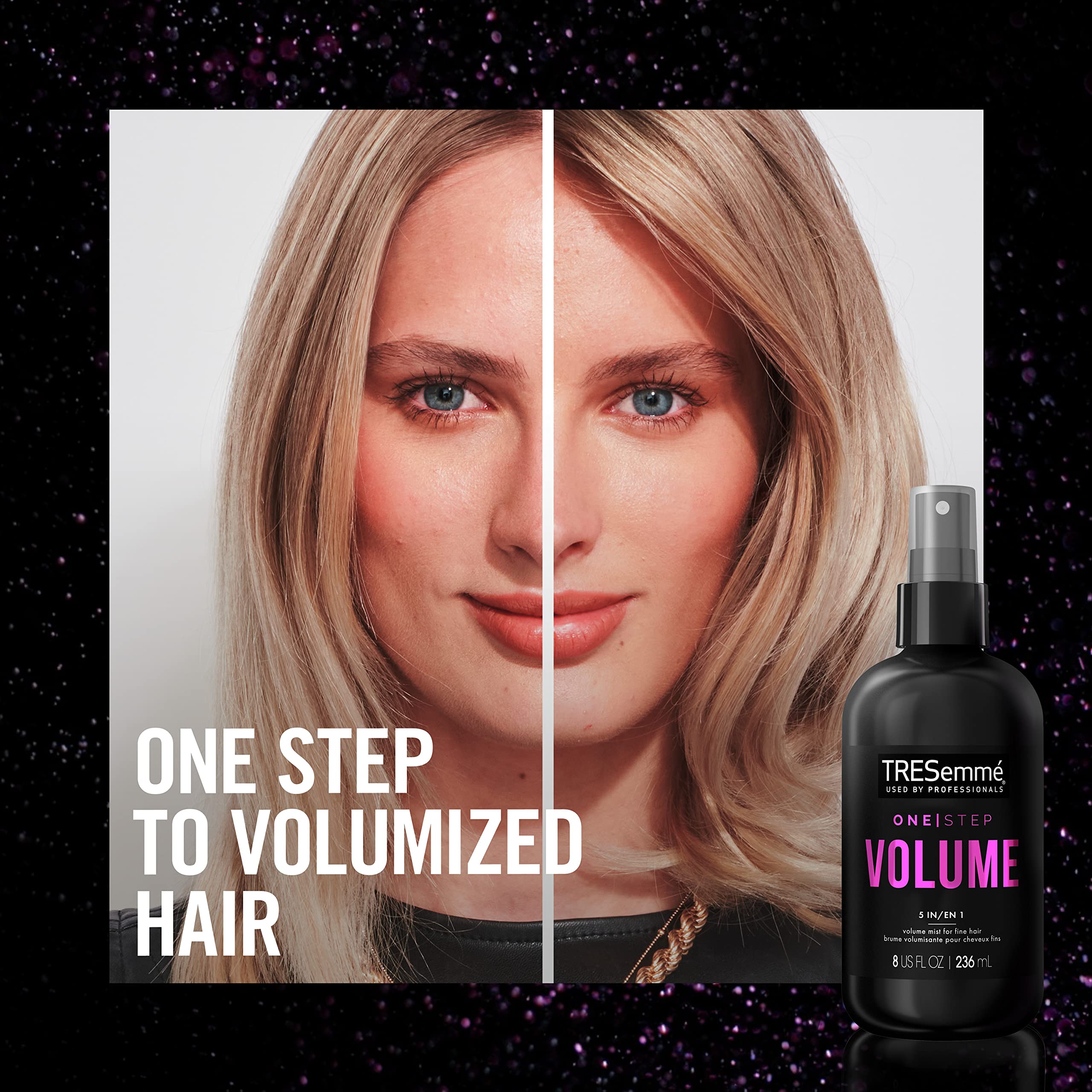 TRESemmé Volume Mist applied to damp hair for even distribution.