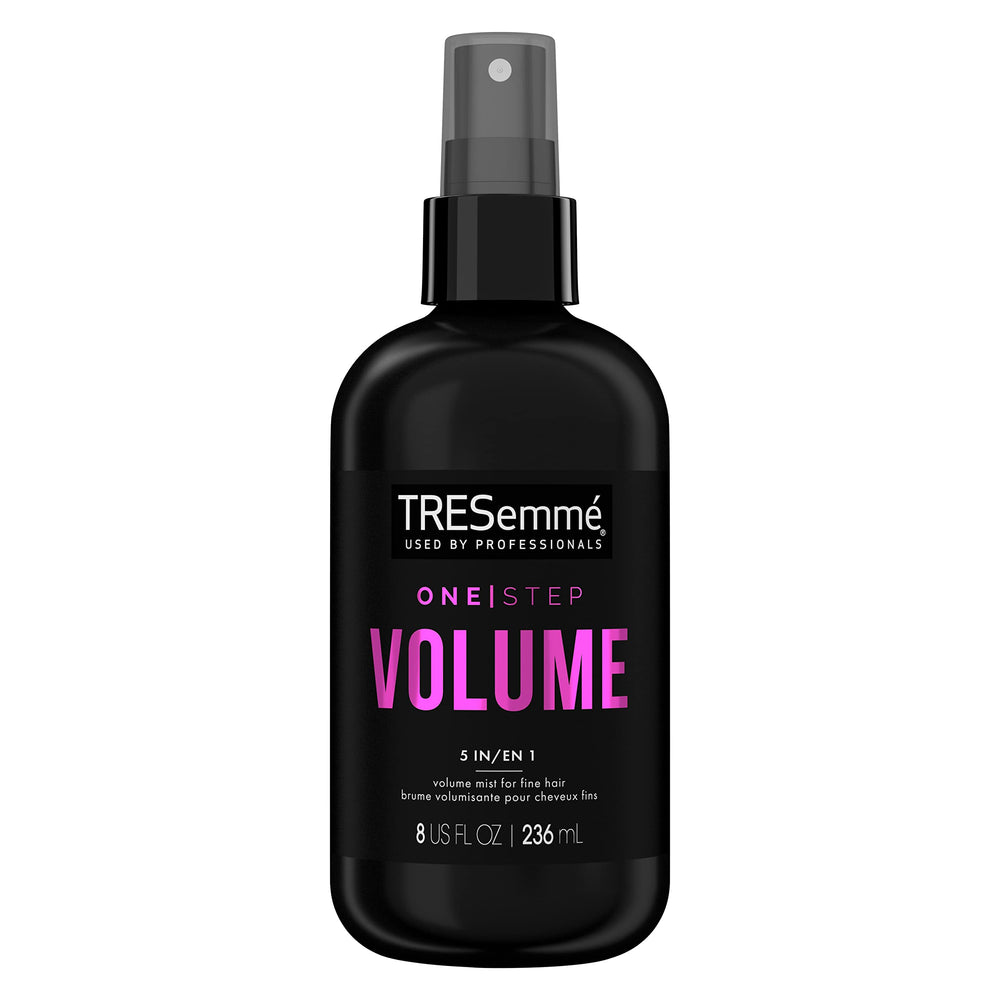 TRESemmé One Step Volume Mist at roots for lifted, weightless volume.