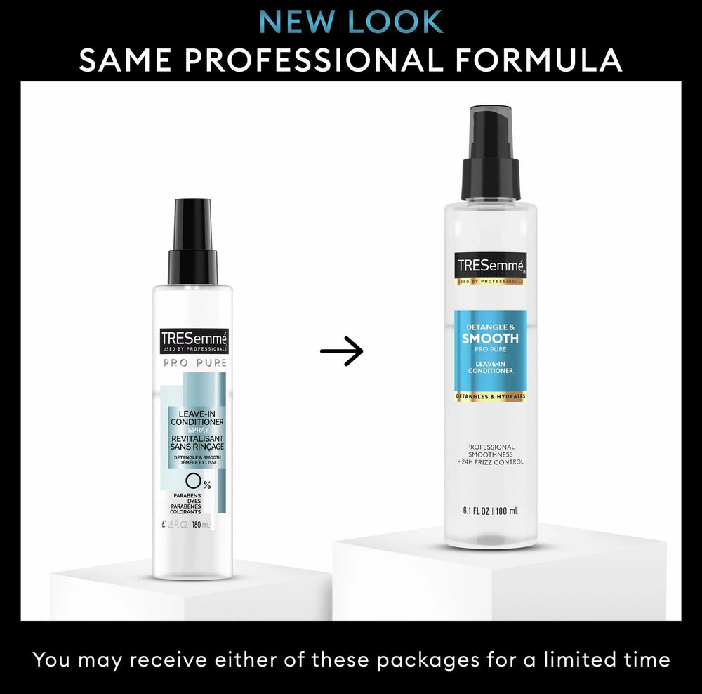 Close-up of applying TRESemmé Pro Pure Leave-In Conditioner to damp hair for detangling.