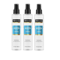 TRESemmé Pro Pure Leave-In Conditioner trio bottles on bathroom counter for detangling and smooth results.