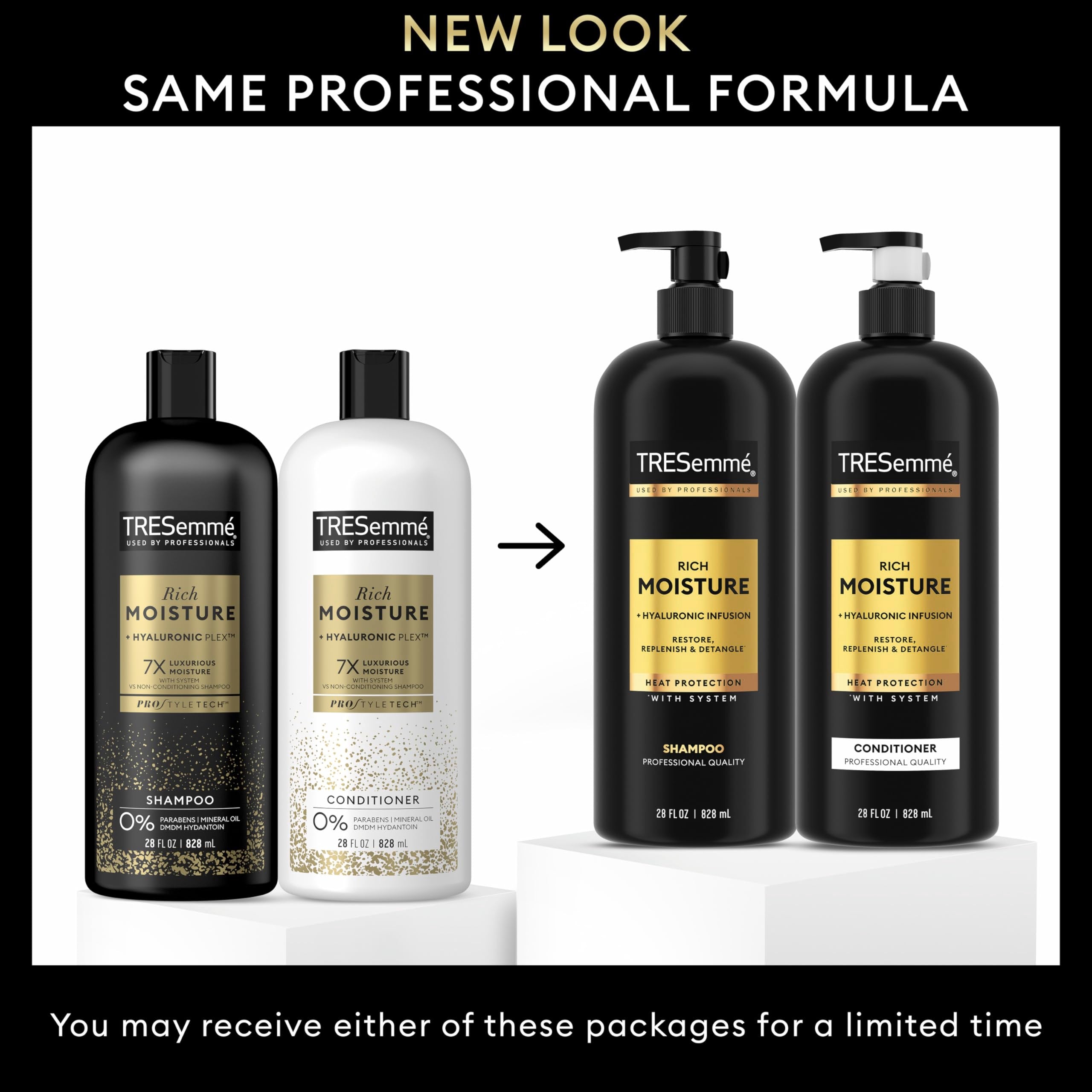 TRESemmé Rich Moisture Shampoo label highlighting hyaluronic acid and paraben-free formula