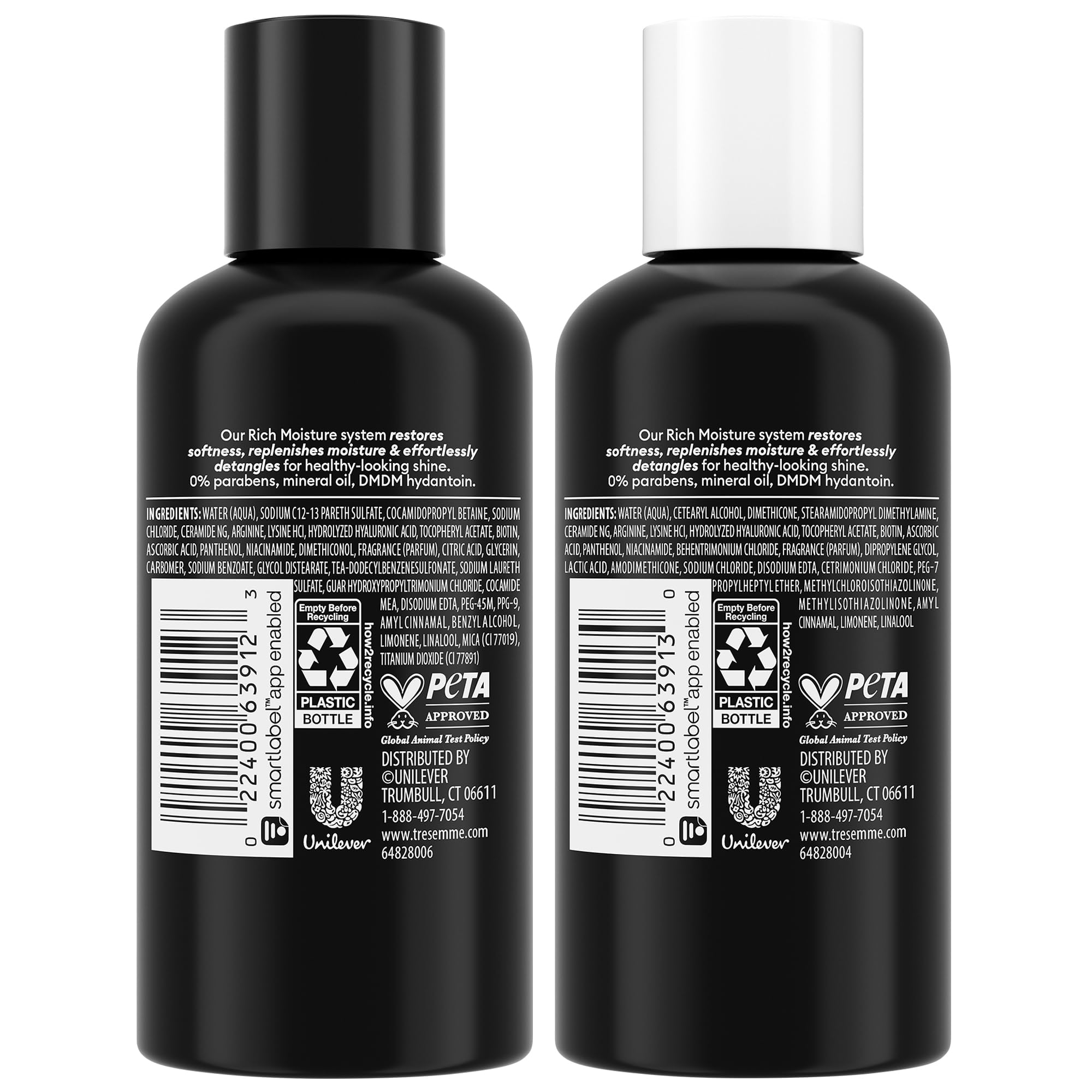 TRESemmé Rich Moisture conditioner bottle pour demonstrates detangling on the go.