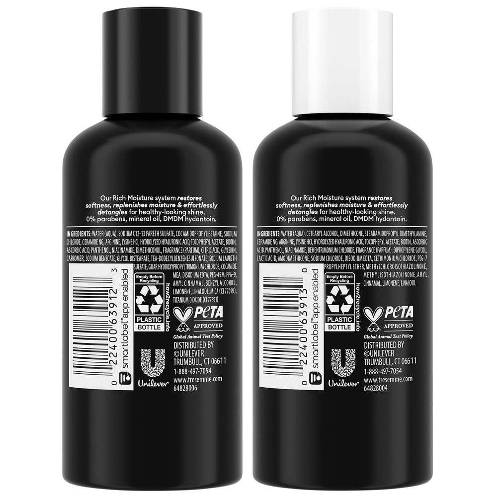 TRESemmé Rich Moisture conditioner bottle pour demonstrates detangling on the go.