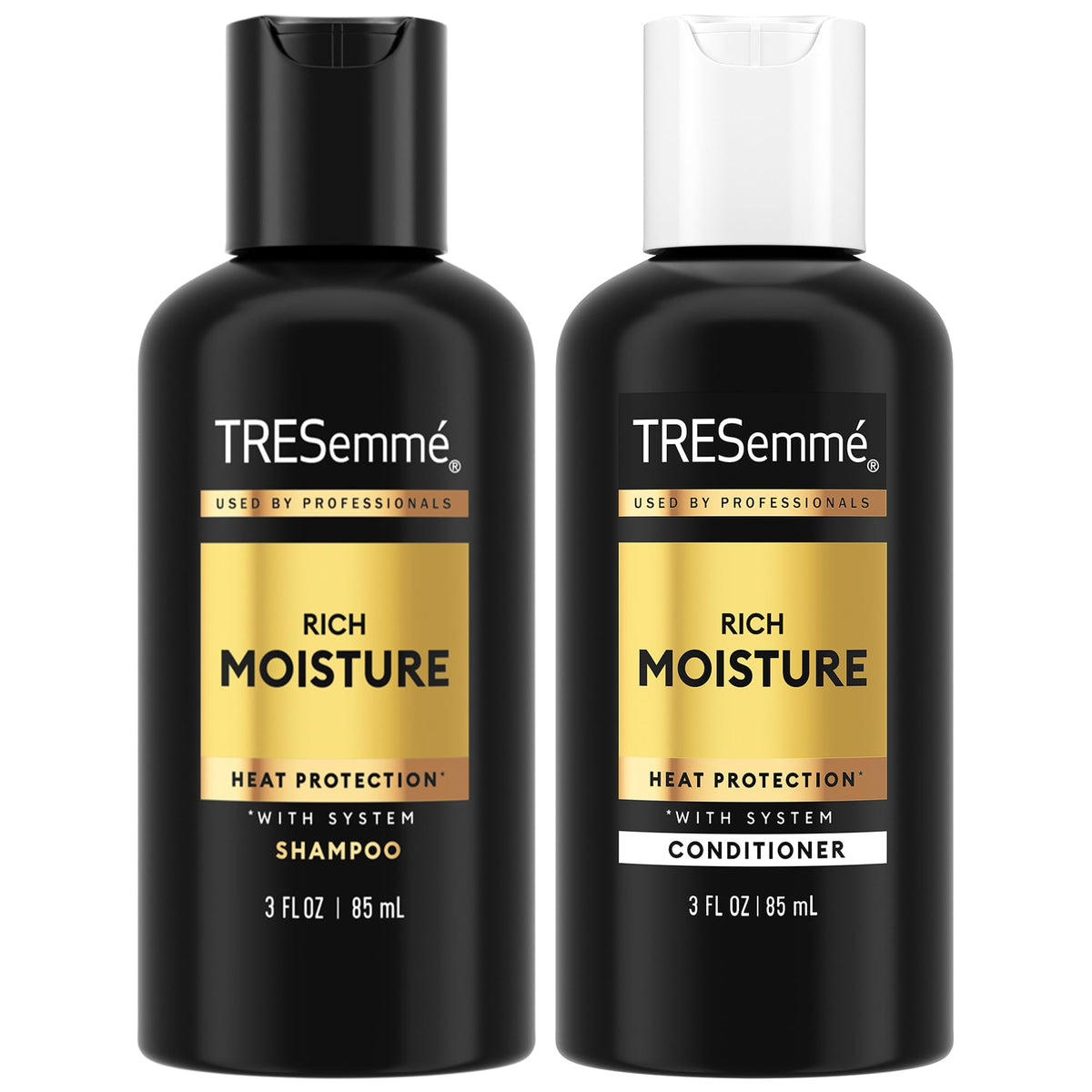 TRESemmé Rich Moisture shampoo bottle pour highlights travel hydration.