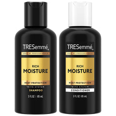 TRESemmé Rich Moisture shampoo bottle pour highlights travel hydration.