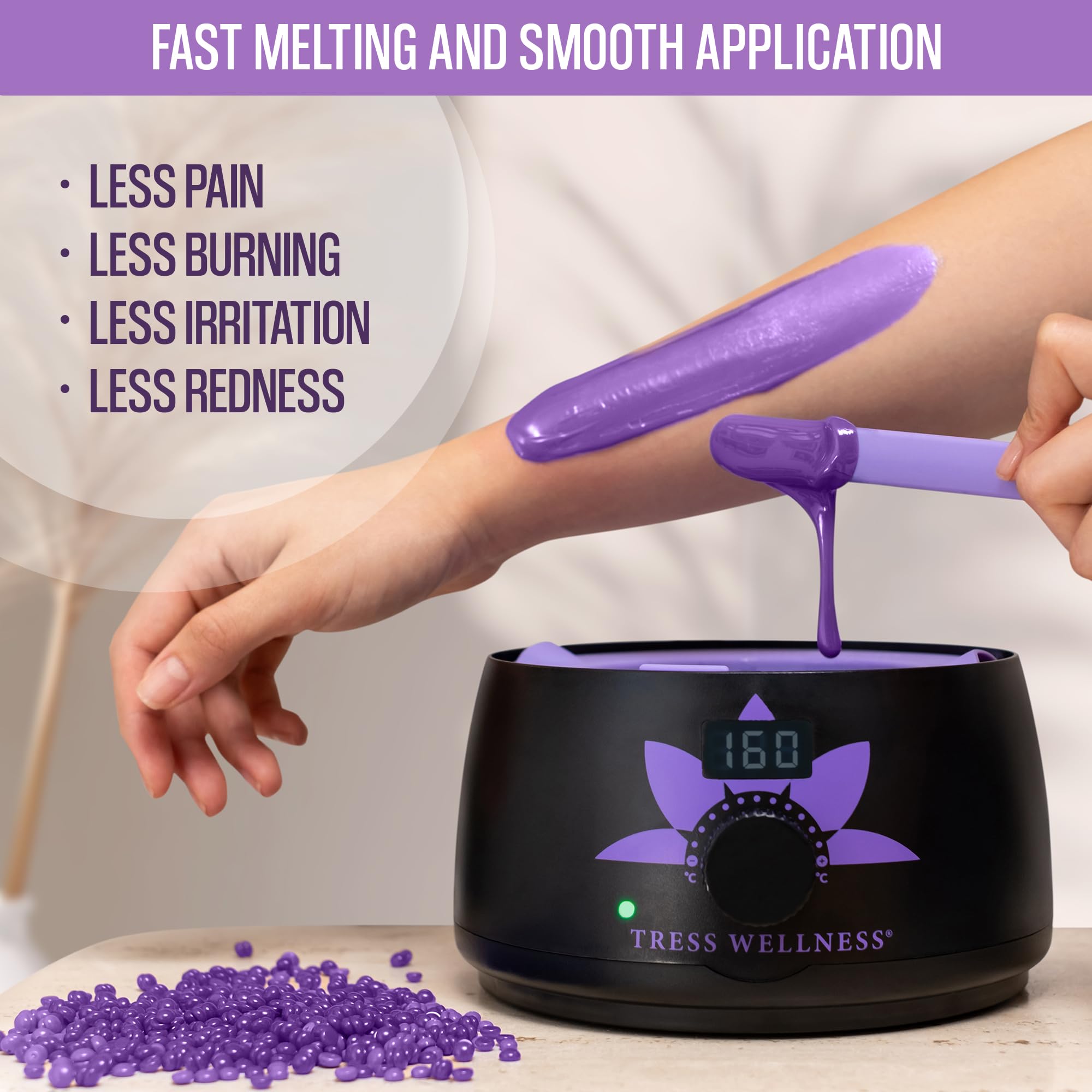 Applying Tress Wellness wax beads for bikini line at-home waxing session.