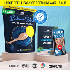 Two 1.2 lb packs of Tress Wellness bikini wax beads ready for use.
